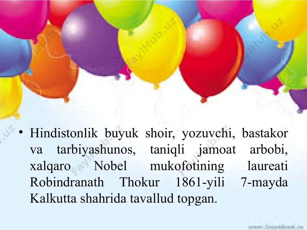 o’shiqlari kimning qalamiga mansub? 7. robindranat thokurning qaysi she’ri hindiston respublikasining milliy madhiyasiga aylangan? 8. robindranat thokurning qaysi asarlari o’zbek tiliga tarjima qilingan? 9. robindranat thokurning “nur va soyalar” hikoyasi qachon yozilgan? 10. robindranat thokurning qaysi asarlari o’zbek sahnasiga chiqqan? 11. robindranat thokurning qaysi asari asosida to’la metrajli badiiy film yaratilgan? 12. “nur va soyalar”da “... osoyishtalik, tinchlikni yaxshi ko’radigan, shuning uchun uylanishni ham xohlamaydigan yigit” kim? 13. shoshibushonning sud jarayonini boy berishiga nima sabab bo’ladi? 14. qulog’im tinch bo’lsin deb uylanishni ham xohlamaydigan shoshibushonnning okrug sudyasi bilan bahslashishiga nima sabab bo’ladi? ilova ikki buyuk vatanparvar: thakur va mahatma gandi ikki daho: thakur fizik olim albert eynshteyn bilan ijodkor farzandlari bilan thakur rafiqasi mrinalini devi bilan. 1883-yil bu qiziq! robindranath thakur so`zining bengalcha yozilishi: রবীন্দ্রনাথ ঠাকুর thakurning imzosi: audio1.wav image1.jpeg image2.jpeg image3.jpeg image4.jpeg image5.jpeg image6.jpeg image7.jpeg image8.jpeg image9.jpeg image10.jpeg image11.jpeg image12.jpeg image13.jpeg image14.jpeg image15.jpeg image16.jpeg image17.jpeg image18.jpeg image19.jpeg image20.jpeg image21.jpeg …