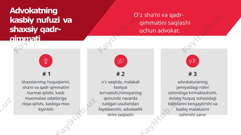 lari mazkur ish bo’yicha yuridik yordam ko’rsatayotgan shaxslarning manfaatlariga zid bo’lsa 2 garchi shaxslardan birining manfaatlari boshqasining manfaatlariga zid bo’lmasa-da shaxslar ishning ayni bir voqeasi turlicha nuqtai nazarda bo’lsalar, 3 ilgari u sudya, prokuror, tergovchi, surishtiruvchi, jamoat ayblovchisi, sud majlisi kotibi, ekspert, mutaxassis, jabrlanuvchining , guvoh, xolis, tarjimon sifatida ishtirok etgan bo’lsa 4 ishni dastlabki tergov qilishda yoki sudda advokatning qarindoshi bo’lgan mansaabdor shaxs ishtirok etgan yoki ishtirok etayotgan bo’lsa 5 bevosita yoki bilvosita shu ishdan shaxsan manfaatdor bo’lsa hamda bu hol ishonch bildiruvchi shasning manfaatlariga zid kelsa 6 ayni bir ish bo’yicha voyaga yetgan va yetmagan shaxslarning himoyasini amalga oshirish zarur bo’lsa advokat advokat o’zi bajarayotgan ishi uchun haq sifatida to’lanishi lozim bo’lgan mablag’larni olishga , o’zi sarf qilgan chiqim va harajatlarni qoplanishiga haqlidir yuridik yordam uchun haq miqdori advokat bilan ishonch bildiruvchi shasning o’zaro kelishuvi asosida belgilanadi va bitim bilan rasmiylashtiriladi yuridik yordam ko’rsatish to’grisidagi bitimda ko’rsatilgan vazifalarni …