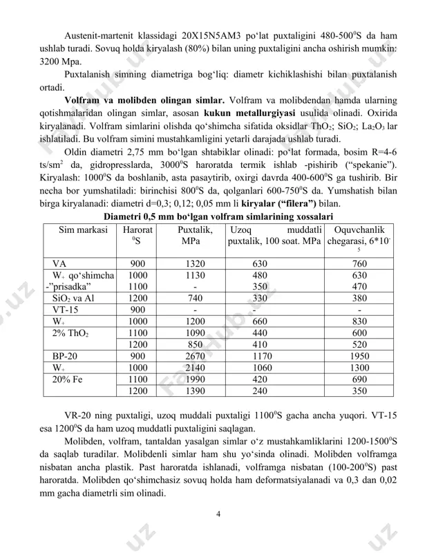 ning puxtaligi, uzoq muddali puxtaligi 11000s gacha ancha yuqori. vt-15 esa 12000s da ham uzoq muddatli puxtaligini saqlagan. molibden, volfram, tantaldan yasalgan simlar o‘z mustahkamliklarini 1200-15000s da saqlab turadilar. molibdenli simlar ham shu yo‘sinda olinadi. molibden volframga nisbatan ancha plastik. past haroratda ishlanadi, volframga nisbatan (100-2000s) past haroratda. molibden qo‘shimchasiz sovuq holda ham deformatsiyalanadi va 0,3 dan 0,02 mm gacha diametrli sim olinadi. umuman, volframli va molibdenli simlarni issiqbardosh kompozitsion materiallarni sinchlash uchun ishlatish maqsadga to‘g‘ri keladi. berilliyli simlar. berilliyni zichligi kam: =1850 kg/m3; katta mustahkamlikka va yung elastik moduliga ega. bular berilliyning nisbiy xarakteristikalari. berilliy simi 400-4800c da kiryalanadi. bu haroratda berilliy plastikligi juda yuqori bo‘ladi va kam uglerodli po‘lat plastikligiga yaqin keladi. birilliy metall qobig‘i ichida kiryalanadi, masalan, nikel qobig‘ida. kiryalab bo‘lgandan so‘ng, qobiq eritib olib tashlanadi (“travit”) . so‘ng sim yuzasi elektro-kimyoviy sayqallanadi. metall qobiq sifatida matritsa materiali ham ishlatiladi. bu holda elektro-kimyoviy eritish va saykallash operatsiyalari …