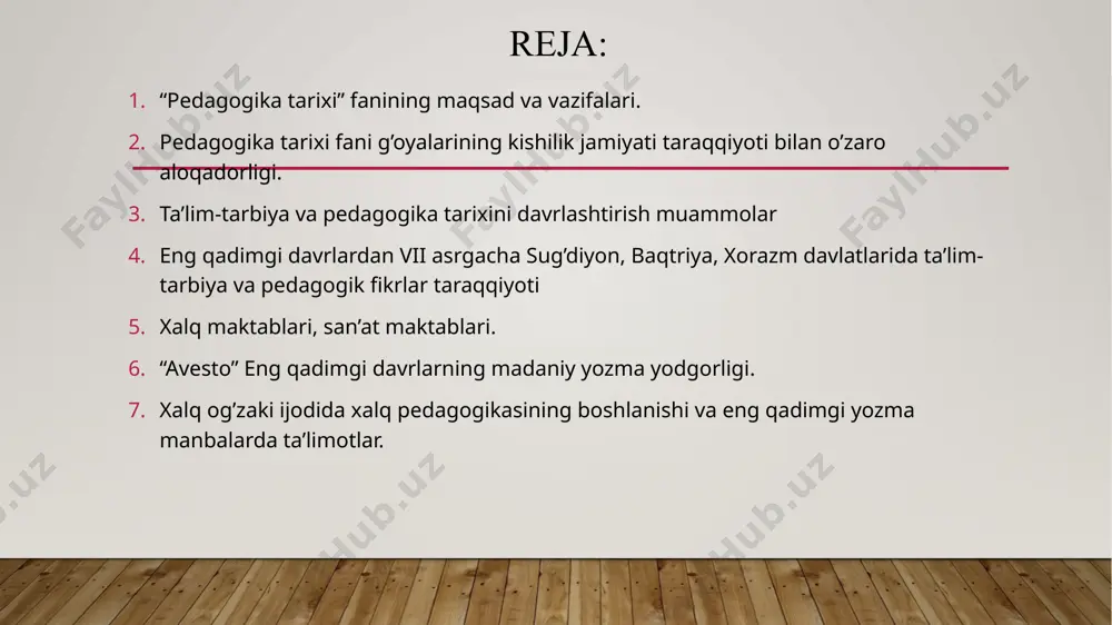 a qadar; mustaqillikka erishilgandan to hozirgi kungacha o’zbekistonda pedagogik fikrlar rivoji; jahon pedagogik fikrlari rivoji (eng qadimgi davrlardan hozirgi kungacha). biroq pedagogika tarixini insoniyat tarixi bilan bog’liqlikda o’rganish maqsadida quyidagi tarzda davrlashtish maqsadga muvofiq: eng qadimgi davrlardan vii asrgacha ta’lim-tarbiya va pedagogik fikrlar; vii asrdan xiv asrning birinchi yarmifacha o’rta osiyoda tarbiya, maktab va pedagogik fikrlar; sharq uyg’onish davrida pedagogik fikrlarning rivojllanishi; xiv asrning ikkinchi yarmi va xvi asrda movaraunnahrda tarbiya va maktab; xiv asrning ikkinchi yarmi va xvi asrda movaraunnahrda pedagogik fikrlar rivoji; xvii asrdan xix asrning yarmigacha tarbiya, maktab va pedagogik fikrlar rivoji; xix asrning 2-yarmi – xx asr boshida turkiston o’lkasida tarbiya, maktab va pedagogik fikrlar; 1917-1991 yillarda o’zbekistonda ta’lim tizimi va pedagogik fikrlar rivoji; mustaqil o’zbekiston ta’lim tizimi. mustaqillik yillarida pedagogik fikrlar rivoji; eng qadimgi davrlardan xix asrning birinchi yarmida jahon pedagogika fanining rivojlanish tarixi; xix asrning 2-yarmi – xx asrda jahon pedagogika faning rivoji; hozirgi …