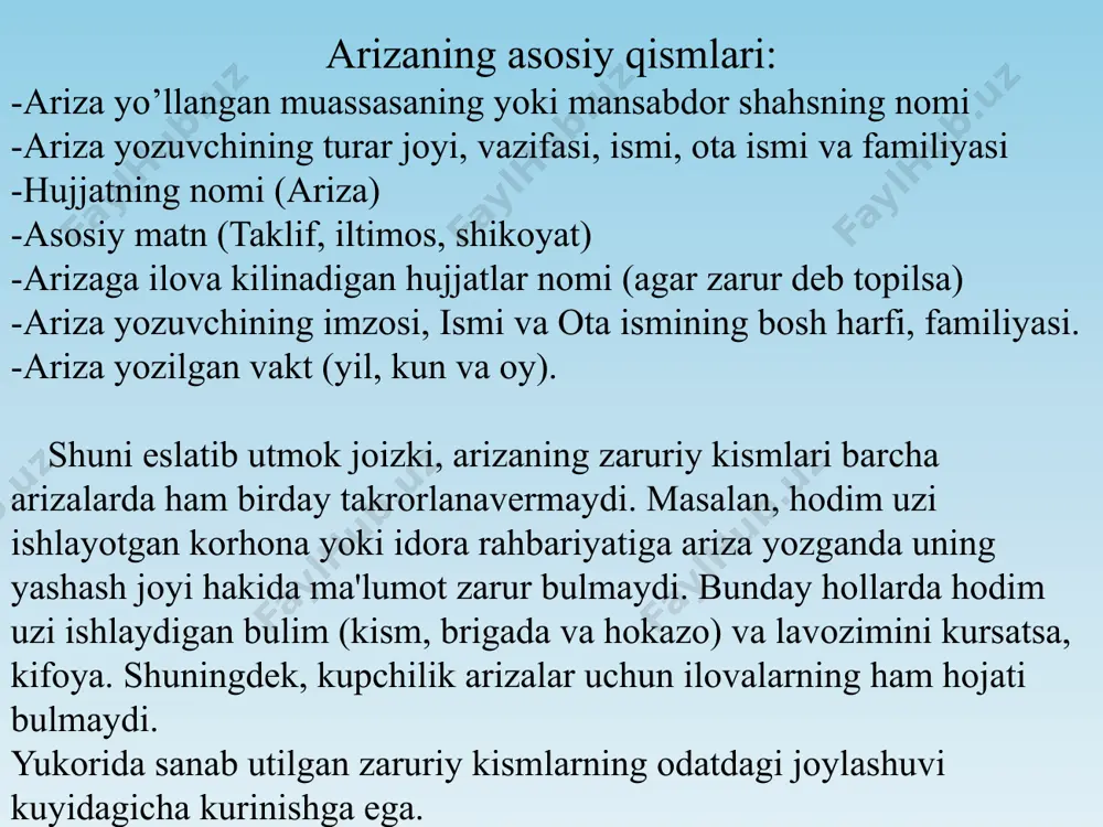 -binoda esa eshiklarni ta'mirlash zarur deb hisoblayman bolalar oromgohi boshlig’i l.komilova (imzo) 2012.05.24 bildirishnoma www.arxiv.uz e'lon ko’pchilikni yoki ma'lum guruhdagi shaxslarni yaqin orada (kelgusida) bo’ladigan biron - bir tadbir, majlis, uchrashuv, suxbat, shuningdek ishga, o’qishga qabul qilish va boshqalar haqida habardor qilish uchun qo’lanuvchi yozma axborat. e'lonning zaruriy qismlari: 1. nomi (e'lon). 2. e'lon kilinayotgan tadbirning vakti, o’tkazilish joyi. 3. tadbirning mavzusini o’zida aks ettiruvchi matn. 4. tadbir o’tkazuvchi nomi (odatda, bo’ladigan tadbirni e'lon kilayotgan tashkilot, organning nomi: «ma'muriyat», «kuzatuv kengashi», «yozuvchilar uyushmasi», «tashkiliy qo’mita», tarzida belgiladi). e'lon mavzusiga va undan ko’zlangan maqsadga ko’ra turli shakllarda bo’lishi mumkin www.arxiv.uz e'lon shu yil 25 iyul soat 15.00 da uzrfa til va adabiyot institutining majlislar zalida instiut kasaba uyushmasi qo’mitasining hisobot-saylov yig’ilishi bo’ladi. kun tartibi: kasaba uyushmasi qo’mitasining xisoboti. taftish komissiyaning xisoboti. kasaba uyushmasi qo’mitasining yangi tarkibini saylash. www.arxiv.uz vasiyatnoma vasiyatnoma bir shaxsning (vasiyat qiluvchining), u vafot kilgan takdirda, o’ziga qarashli bo’lgan …