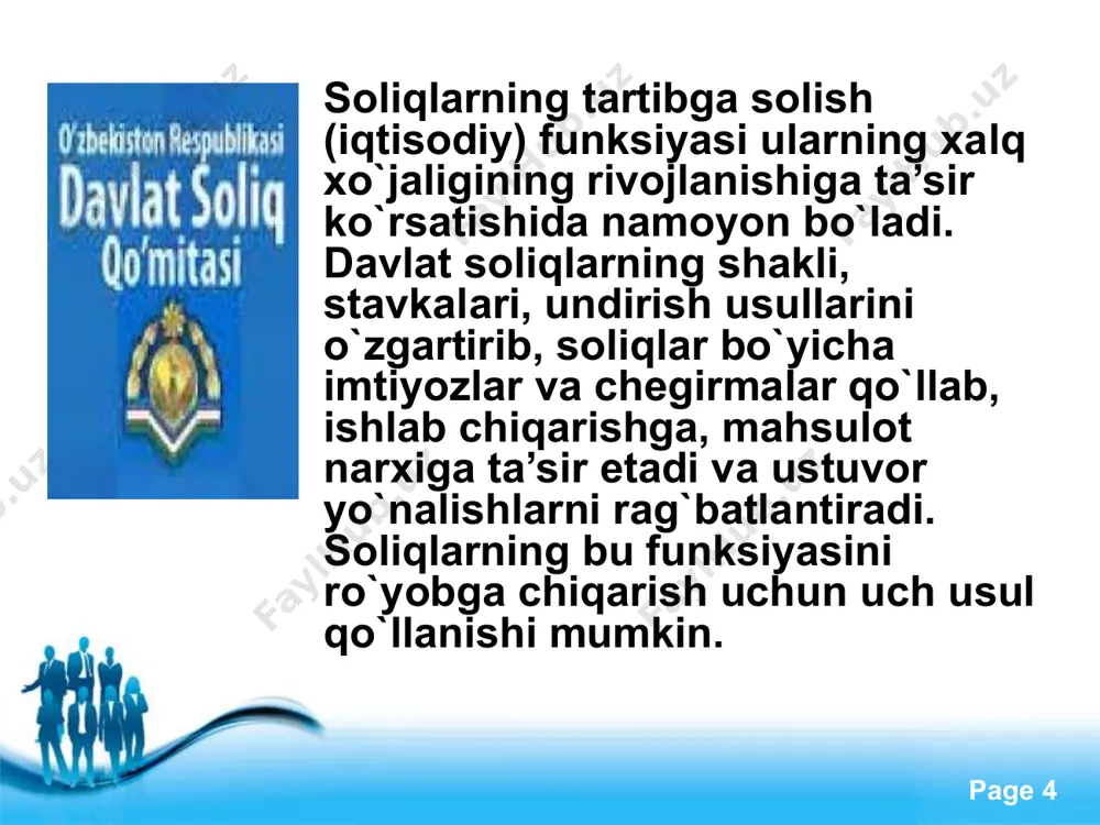 kafolati" xalq so'zi 2009 - yil 28 -yanvar 2. qudratov botir "soliq va axborot texnologiyalari" xabar 2010 - yil 16 - aprel 3. a. boliyev "soliq sohasidagi dolzarb vazifalar" xalq so'zi 2010 - yil 17 - fevral 4. a. altiyev "soliq qommchiligi yanada takomillashtirildi" xalq so'zi 2010 - yil 15 - yanvar 5. d. ulug'murodov "soliq imtiyozi - manfaatdorlik garovi" hayot maktabi 2009 -yil 5 - mart 6. i. karimov soliq to'lovchining jurnali 2010 -yil iyul 7-son 7. f. bozorov "soliq tizimi orqali tadbirkorlik tuzilmalarining innovatsion -investitsion faolligini rag'batlantirish" b.p.k. jurnali 2010 - yil 9 - son 8. sherzod jalilov "yoqilg'i - energetika korxonalarini soliqqa tortish mexanizmini rivojlantirish yo'llari" b.p.k. jurnali 2010 - yil 11-son 9. odiljon kamolov "moliyaviy innovatsionlar: soliq tizimidagi interaktiv xizmatlaf' b.p.k. jurnali 2010 - yil 11- son 10. e. gadoyev "inqirozga qarshi choralar: soliq imtiyozlarining maqsadi" b.p.k. jurnali 2010 - yil 12 - son free powerpoint …