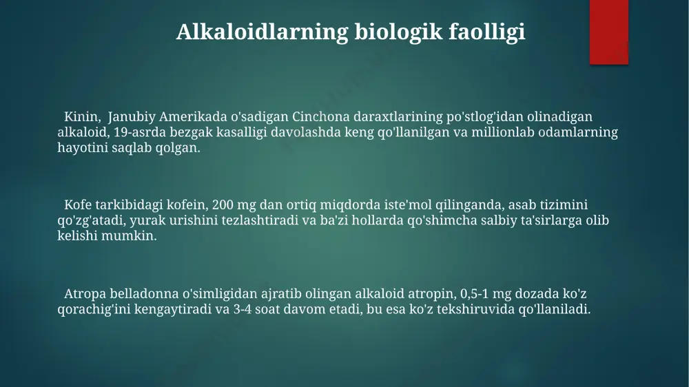 ligi alkaloidlarning toksikligi dozaga bog'liq bo'lib, masalan, 10 mg nikotin o'rtacha kattalar uchun o'limga olib kelishi mumkin, 50 mg esa jiddiy zaharlanishga sabab bo'ladi. atropa belladonna o'simligidan olingan atropin kabi ba'zi alkaloidlar 1-2 mg dozadan boshlab nafas olish va yurak faoliyatini susaytiradi, bu esa o'limga olib kelishi mumkin. koka o'simligidan olingan kokainning o'tkir toksikligi aqshda yiliga 10000 ga yaqin o'limga sabab bo'ladi, bu uning yuqori dozalarida markaziy asab tizimiga kuchli ta'sirini ko'rsatadi. e'tiboringiz uchun rahmat @taqdimot_robot image1.png image2.png image3.png image4.png image5.png image6.png image7.png image8.png image9.png image10.png