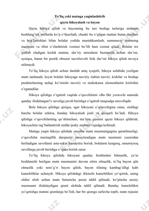 i ifodalaydigan qismi alohida tahlil qilinadi. bunday kamchilikni yo’qotishga matnni qismlarga bo’lish, har bir qismga sarlavha topib, matn rejasini tuzish va reja asosida hikoya qilish ham yordam beradi. bunda tanlab hikoya qilish (hikoya qilishning o’zaro uzviy bog’langan boshqa turlari ham) yordamchi vazifani bajaradi. tilda kambag’allikka yo’l qo’ymaslik uchun lug’at, tasviriy vositalar va gap ustida izchil ishlab borish talab etiladi. to’liq yoki matnga yaqin bayon yozish savod o’rgatish davridanoq boshlanadi va barcha sinflarda o’tkaziladi. bolalarni o’z fikrini mustaqil yozishga (o’qilgan matnni hikoya qilishga) o’rgatishni, iloji boricha, erta boshlash ma’qul. buning uchun o’quvchilar og’zaki hikoya qilayotganda qo’llagan alohida so’zni yozishdan gapni yozishga, so’ng matn qismlarini yozishga va 2-sinfdan boshlab maxsus tanlangan kichik matn asosida bayon yozishga o’rgatiladi. ish quyidagicha uyushtiriladi: bayon uchun tanlangan matnni o’quvchilar bir-ikki marta o’qiydilar (o’qituvchi o’qib berishi ham mumkin); bolalarning matn mazmunini to’g’ri tushunganliklarini aniqlash, o’qilgan matnni, uning g’oyaviy mazmunini, qismlari orasidagi bog’lanishni to’liq bilib olishga qaratilgan suhbat …