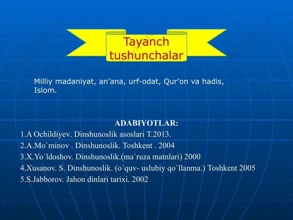 va keyinchalik o‘z-o‘zidan beixtiyor bajariladigan harakat ma'nosini bildiradi. marosim - inson hayotidagimuhim voqealarni nishonlashga qaratilgan, rasmiy va ruhiy ko‘tarinkilik vaziyatda o‘tadigan, umum qabul qilgan tartib-qoidalarga amal qilinadigan tadbir sanaladi. urf-odat - kishilarning turmushiga singib ketgan, ma'lum muddatda takrorlanib turuvchi xatti-harakat, ko‘pchilik tomonidan qabul qilingan xulq-atvor qoidalari ko‘nikmasidir. ba'zi holatlarda «an'ana», «odat» va «marosim» tushuncha-lari alohida ishlatilsa, ular mavhum ma'noni anglatishi ham mumkin. bunday paytda ularga aniqlovchi so‘zlar qo‘shilib, masalan, «an'anaviy bayram», «an'anaviy festival», «an'anaviy kecha» yoki «mukofotlash maro-simi», «to‘y marosimi», «pensiyaga kuzatish marosimi» tarzida qo‘llaniladi. musulmonlarning ilm istab qilgan sa'y-harakatlari tufayli dunyoda birinchi to‘laqonli universitetlarga asos solindi. tunisda «zaytuna» 732-yilda, bog‘dodda «bayt ul-hikma» 829-yilda, fesda (marokash) «qaroviyun» 859-yilda, qohirada «al-azhar» 970-yilda, xorazmda ma'mun akademiyasi 1004-yilda tashkil etilgan. zaytuna universiteti al-azhar universiteti qaroviyun universiteti musulmon olamidagi bu ilm dargohlarining aksariyati ming yildan ortiq faoliyat ko‘rsatmoqda. ma’mun akademiyasi bayt-ul hikma akademiyasi 1995-yil oktabr oyida toshkent shahrida «bir samo ostida» shiori bilan xalqaro …