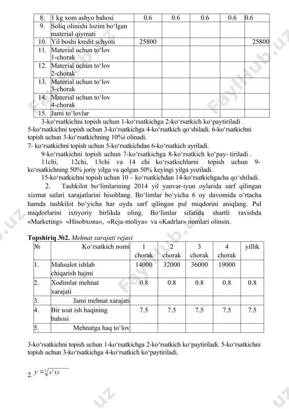 -ko‘rsatkichni topish uchun 1-ko‘rsatkichdan 3-ko‘rsatkichgacha qo‘shiladi. 6-ko‘rsatkich jami xarajatini topish uchun 4-ko‘rsatkichni jami xarajatini 6-ko‘rsatkichdagi yil oxirgi mahsulot zaxirasini miqdoriga ko‘paytiramiz. 2. tashkilot bo‘limlarining 2013 yil iyul-dekabr oylarida sarf qilin- gan xizmat safari xarajatlarini hisoblang. bo‘limlar bo‘yicha 6 oy davomida hamda tashkilot bo‘yicha har oyda sarf qilingan pul miqdorini aniqlang. pul miqdorlarini ixtiyoriy birlikda oling. bo‘limlar sifatida shartli ravishda «xodimlar» «hisobxona», «texnik xodimlar» va «1- bo‘lim» olinsin. topshiriq №5. mahsulot realizatsiyasi va boshqarish xarajatlari № ko‘rsatkich nomi 1 chorak 2 chorak 3 chorak 4 chorak yillik 1. kutilgan mahsulot zaxirasi 14000 32000 36000 19000 2. mahsulot birligining o`zgaruvchan xarajati 5 5 5 5 5 3. o‘zgaruvchan xarajat 4. doimiy xarajat 16000 18000 9600 7500 7500 5. boshqaruv apparati ish haqi 36000 178000 189500 102500 6. sug‘urta 7000 18000 18000 96000 7000 7. ko‘chmas mulk solig‘i 79000 162000 171500 93000 8. doimiy xarajat rejasi 0.6 0.6 0.6 0.6 0.6 9. umumiy …