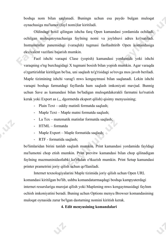 bo'lgan dasturning nomini kiritish kerak. 4. edit menyusining komandalari bu menyuning komandalari ishchi varaqdagi ma'lumotlar tahlillash va unga o'zgartirishlar kiritish uchun qo'llaniladi. ishchi varaqning belgilangan qismini kesib olsh olish uchun cut komandasi, nusxa olish uchun copy kamandasi qo'llaniladi. oxirgi komanda natijasi bekor qilish uchun undo komandasi va aksincha uni qayta bajarish uchun redo kamandasi ishlatiladi. instrumentlar panelida ushbu komandalarga mos tugmalari ham mavjud. 5. view menyusi komandalari bu menyu tarkibida quyidagilar mavjud: toolbar komandasi instrumentlar panelini chiqaradi. context bar komandasi format panelllarini chiqaradi. status bar komandasi holatlar satrini chiqaradi. palettes komandasi matematik simvollar palitrasini chiqaradi. zoom factor komandasi hujjat ko'rinishini kerakli masshtabda ko'rsatishini ta'minlaydi. bookmarks komandasi marker-zakladkani o'rnatadi. hide content komandasi hujjat komponentalarining ko'rinishi boshqaradi. show inisible characters komandasi simvollarni ko'rinarli yoki ko'rinmaydigan shaklga o'tkazadi. show section ranges komandasi seksiya sohasini o'rnatadi. show group ranges yacheykalar sohasini o'rnatadi. collapse all sections hamma sohalarni yopadi. expand all sections hamma seksiya sohalarini …
