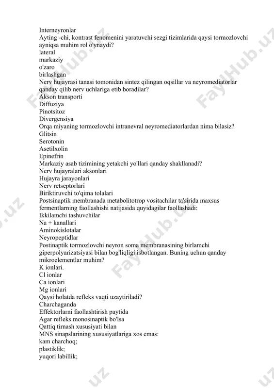 ekslari ritmik reflekslar nerv-mushak sinapsining vositachisi nima: atsetilxolin; glitsin; adrenalin; noradrenalin; neyronning integratsion faolligining universal omili nima? qo’zg’alishning yaqinlashuvi okklyuziya presinaptik tormozlanish lateral tormozlanish rag'batlantiruvchi refleksning ma'lum turini oldindan belgilaydigan retseptorlar to'plami nima? refleksogen zonasi asab markazi efferent yo'l refleks yoyi