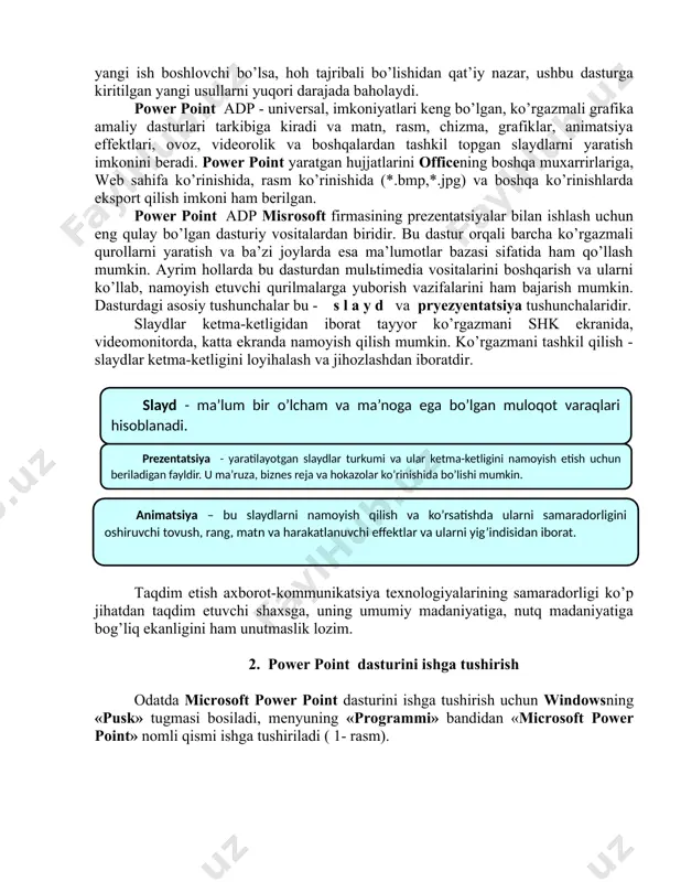 ko‛rinish lentasi slaydlarni ko‛rish rejimi xususiyatlarini o‛zgartirish, masshtablar, oynalar va makroslar bilan ishlashga xizmat qiladi: power point dasturi haqida umumiy tushuncha har qanday mutaxassis o’zining ish faoliyati davomida ish rejalari va taklif etayotgan mahsulotlari haqida so’zlab berish uchun ma’ruza qilishga to’g’ri keladi. bunday vaqtlarda u ma’ruzani tez, yaxshi, sifatli, tushunarli va chiroyli qilib tayyorlashi zarur bo’ladi. ushbu muammoni hal qilish uchun u qanday dasturiy ta’minot turlaridan foydalanish mumkin degan savol tug’iladi. matn muxarriri uning barcha muammolarini xal qilib bera oladimi? bir necha xil dasturlardan foydalanish va ularning natijalarini umumlashtirish tezda kerakli yechimga olib kelishi mumkinmi? bu muammoni yechishda, ya’ni chiroyli taqdimot tayyorlashda eng samarali va universal vositalardan biri - bu microsoft office ilovasidagi – power point adpdan foydalanish maqsadga muvofiqdir. u grafik axborotlar, slaydlar, ovoz, video kliplar, animatsiyalardan foydalanib, sifatli taqdimotlar yaratish imkonini beradi. bugungi kunda reklamalarga juda keng e’tibor berilmoqda. reklamalarning har xil ko’rinishlari: varaqalar, e’lonlar, tele va radio …