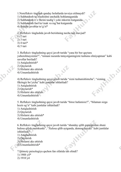 refleksiv tinglash savollar — DOCX