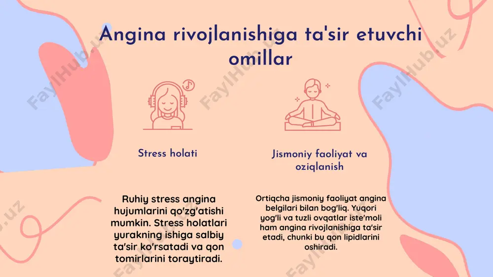 'zgarishlari, masalan, sog'lom ovqatlanish, stressni boshqarish va muntazam jismoniy faoliyat angina bilan kurashishda muhim rol o'ynaydi. bemorlar uchun individual reabilitatsiya dasturlari ishlab chiqish va ularga amal qilish muhimdir. xulosa anginaning ta'rifi angina yurak qon tomirlarining torayishi natijasida paydo bo'lgan og'riqli holat. bu holat jismoniy faoliyat, stress yoki hissiy taranglik paytida kuchayishi mumkin. etiologiya ateroskleroz, yuqori qon bosimi va genetik omillar angina rivojlanishiga sabab bo'ladi. ushbu omillar qon tomirlarining torayishiga olib keladi va yurakning kislorodga bo'lgan ehtiyojini oshiradi. patogenezi anginaning sabab va mexanizmlari yurak kasalliklari bilan bog'liq. ushbu holat yurak mushaklarining kislorod yetishmovchiligi bilan bog'liq va yurak faoliyatini pasaytiradi. e'tiboringiz uchun rahmat! image1.png image2.png image3.png image4.png image5.png image6.png image7.png image8.png image9.png image10.png image11.png image12.png image25.jpg image13.png image14.png image15.png image16.png image18.png image24.png