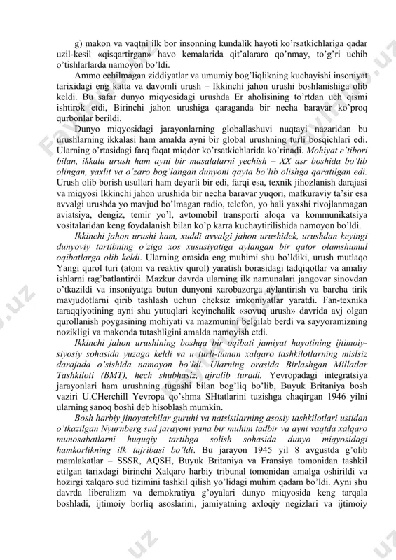 qo’lga kiritish va ularni ekspluatatsiya qilish, bosib olingan hududlarda plantatsiyalar va manzilgohlar barpo yetish jarayonida ishtirok eta boshladi, nihoyat, o’z davlatlari amalga oshirayotgan mustamlakachilik siyosatining asosiy ijrochisiga aylandi. fundamental globallashuv dunyo miqyosidagi aloqalar, tuzilmalar va munosabatlar yuzaga kelishi bilan bog’liq. mazkur jarayonlar natijasida dunyo o’zining deyarli barcha jihatlarida yaxlit bir butun organizm sifatida uzil-kesil shakllandi. fundamental deb nomlanuvchi bunday globallashuvning ilk alomatlari xix asrning ikkinchi yarmida paydo bo’ldi, xx asr o’rtalariga kelib esa u to’la darajada borliqqa aylandi. ayni shu davrda dunyoni iqtisodiy bo’lib olish yakunlandi va buning natijasida turli mamlakatlar va xalqlarning kuchayib borayotgan o’zaro bog’liqligidan kelib chiqadigan mutlaqo yangicha tusdagi keskin xalqaro muammolar yuzaga keldi. bu jarayonlar nafaqat iqtisodiyot, siyosat va ijtimoiy hayotni, balki aloqa va kommunikatsiya vositalarini, shuningdek ma’naviy jabha – madaniyat, fan va falsafani ham qamrab oldi. turli-tuman xalqaro tashkilotlar, forumlar, s’ezdlar, kongresslar vujudga kela boshladiki, bunga o’sha davrda aloqa va ommaviy kommunikatsiya vositalarining faol rivojlanishi …