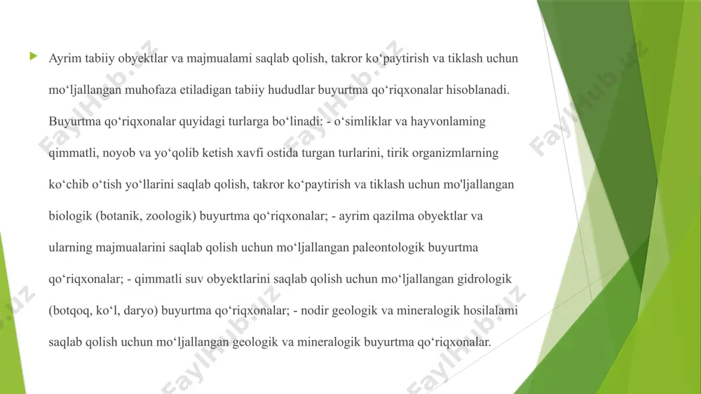 si buxoro viloyati ijro qo‘mitaning 25.01.92-yildagi 15-1-sonli qarori bilan tashkil qilingan. buyurtmaxonaning muddati cheklanmagan. maydoni 30 ming ga. tashkil qilishdan maqsad-uchib o'tadigan qushlar va boshqa hayvonlami, ular yashash va ko'payish yerlarini muhofaza qilishdan iborat. o’zbekiston respublikasi tabiatni muhofaza qilish davlat qo‘mitasi ixtiyorida buyurtmaxona hududini muhofaza qilish davlat tabiatni muhofaza qilish inspeksiyasi tomonidan amalga oshiriladi. buyurtmaxona o‘z soqchilariga ega emas. arnasoy ornetologik buyurtmaxonasi jizzax viloyati forish tumanidagi tuzkon ko‘lida o'z ssr vazirlar kengashining 9.09.83- yildagi 521-sonli qarori bilan tashkil qilingan. buyurtmaxona maydoni 63, 3 ming. ga. buyurtmaxona muddati cheklanmagan. tashkil qilishdan maqsad-uchib o‘tadigan va uya quradigan qushlarni muhofaza qilishdir. buyurtmaxonani o‘zbekiston respublikasi ekologiya va atrof-muhitni muhofaza qilish davlat qo‘mitasi-jizzax viloyati ekologiya va atrof-muhitni muhofaza qilish davlat qo‘mitasi va davbionazoratning arnasoy inspektsiyalari muhofaza qiladi. “saygachi” davat buyurtmaxonasi qoraqalpog‘iston respublikasi vazirlar kengashining 29.11.91-yildagi 311/42-sonli qarori bilan tashkil qilingan. qoraqalpog‘iston respublikasi mo‘ynoq tumanida joylashgan. qoraqalpog'iston respublikasi vazirlar kengashining 11.02.2001-yildagi 33/1-sonli qarori bilan buyurtmaxona tartibining …