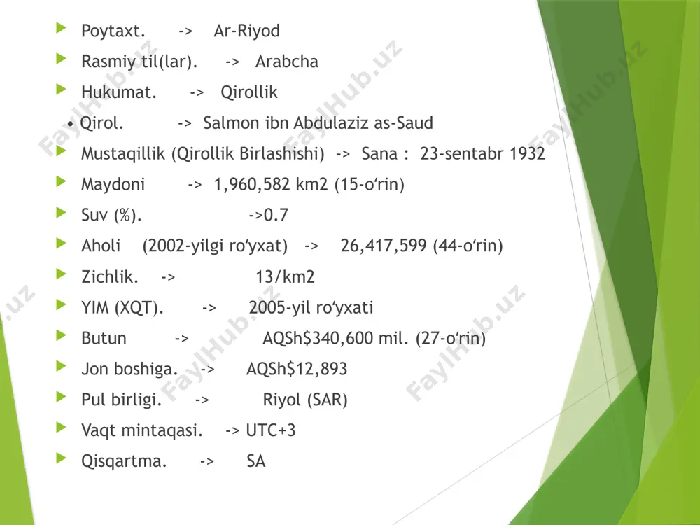 arini saqlab qolishga urinishgan. 16-asr boshlarida hijozni usmonli turklar oʻz tasarrufiga olgan. 18-asr ga kelib najdda vahhobiylik diniy-siyosiy oqimi paydo boʻldi. najd oʻzining nisbatan mustaqilligi bilan ajralib turgan. najd amirliklaridan biri diriya xokimi muhammad ibn saud (saudiylar sulolasi boshligʻi) 1745-yil arabistonni vahhobiylik shiori ostida birlashtirishga harakat qildi. 19-asrning boshlariga kelib arabistonning talay qismi saudiylar davlatiga birlashtirildi. bu davlat — birinchi saudiylar davlati (1745—1811) hisoblanadi. 1811 — 18 yillarda arabiston yarim orolning koʻp qismi misr poshosi muhammad ali qoʻshinlari tomonidan egallab olindi va saudiylar davlati parchalab yuborildi. 1843-yil faysal ibn turki boshchiligida saudiylar mahalliy qabilalar koʻmagida najdni ikkinchi marta egallashdi. arriyod shahri poytaxtga aylantirildi. barpo etilgan davlat — saudiilarning ikkinchi davlati hisoblanadi (1843—65). 1840-yildan soʻng ham hijoz turklar qoʻlida qolaverdi. 19-asrning 2-yarmida vahhobiylar davlati shammar hukmdori boʻlgan rashidiylar tomonidan bosib olindi. 1902-yil amir ibn saud kuvayt hukmdori muborak yordamida arriyodni egallab, rashidiylarga zarba berdi, keyinchalik najdda saudiylar hukmronligini tikladi. abdulaziz ibn …