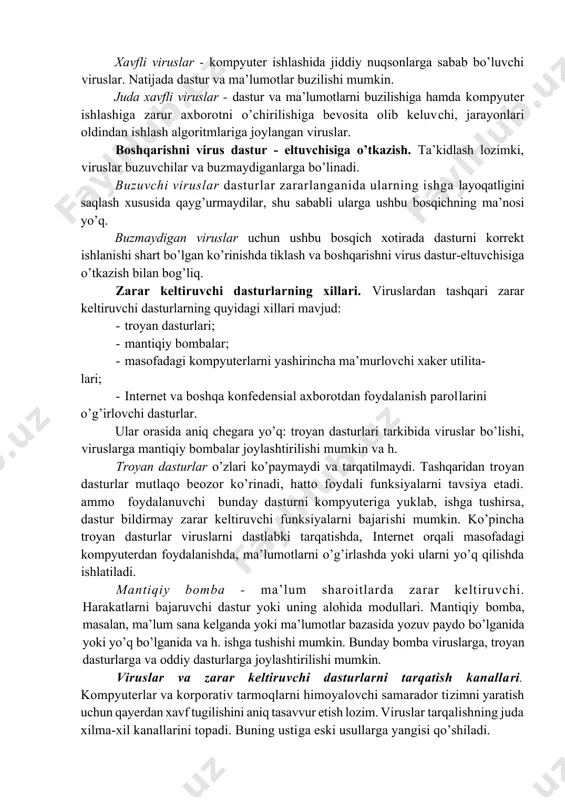 viruslar taalluqli. bu viruslar kiritilish joylari bilan xarakterlanadi. quyidagi variantlar bo’lishi mumkin: 1. fayl boshiga kiritish. ushbu usul ms-dos com- fayllari uchun eng qulay hisoblanadi, chunki ushbu formatda xizmatchi sarlavhalar ko’zda tutilgan. 2. fayl oxiriga kiritish. bu usul eng ko’p tarqalgan bo’lib, viruslar kodiga boshqarishni uzatish dasturning birinchi komandasi (sot) yoki fayl sarlavhasini (exe) modifikasiyalash orqali ta’minlanadi. 3. fayl o’rtasiga kiritish. odatda bu usuldan viruslar tuzilmasi oldindan ma’lum fayllarga (masalan, command.com fayli) yoki tarkibida bir xil qiymatli baytlar ketma- ketligi bo’lgan, uzunligi virus joylashishiga yetarli fayllarga tatbiqan foydalanadi. yuklama viruslar uchun zararlash bosqichining xususiyatlari ular kiritiluvchi obyektlar - qattiq disklarning yuklanish sektorlarining sifati va qattiq diskning bosh yuklama yozuvi (mbr) orqali aniqlanadi. asosiy muammo-ushbu obyekt o’lchamlarining chegaralanganligi. shu sababli, viruslar o’zlarining qurbon joyida sig’magan qismini diskda saqlashi, hamda zararlangan yuklovchi original kodini tashishi lozim. makroviruslar uchun zararlash jarayoni tanlangan hujjat – qurbonda virus kodini saqlashdan iborat. ba’zi axborotni ishlash dasturlari …