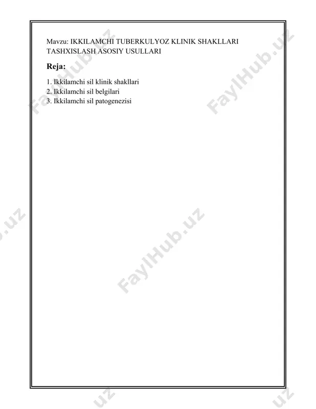 etuvchi harorat, zaiflik, vazn yo'qotish kabi umumiy simptomlar. 5. silning boshqa kam uchraydigan shakllari: - genito-urinary sil, bu xildagi infektsiyalar 2-5% ekstrapulmoner sil holatlaridan kelib chiqadi. - suyuqlik va suyaklarni o'z ichiga oladigan sil shakllari, kasallik holatlarining kamdan-kam uchraydigan qismi bo'lib, taxminan 1-3% ni tashkil etadi. statistik ma'lumotlarga ko'ra, 2019-yilda jahon sog'liqni saqlash tashkiloti tomonidan berilgan hisobotda, dunyo bo'ylab sil kasalligiga chalinganlarning 12% dan ko'prog'ida ekstrapulmoner shakllar aniqlangan. shuningdek, ikkilanma sil kasalligi odatda immuniteti susaygan shaxslarda rivojlanadi, masalan, oiv bilan kasallanganlar. ular orasida sil kasalligi rivojlanish ehtimoli umuman aholi orasida sil kasal bo'lish xavfiga qaraganda 16-27 marta yuqori. ammo katta ishonch bilan aytish mumkinki, kasallikning bu shakllari aslida undan davolanish va profilaktika choralarini ko'rishda to'g'ri yondashish talab etiladigan holatlarni o'z ichiga oladi. quyidagi vaksinatsiya, muntazam tibbiy ko'rik va profilaktik dori-darmonlar yordamida kasallikni nazorat qilish va davolash maqsadga muvofiqdir. ikkilamchi sil belgilari ikkilamchi sil infektsiyasi bu sil bakteriyasi (mycobacterium tuberculosis) bilan …