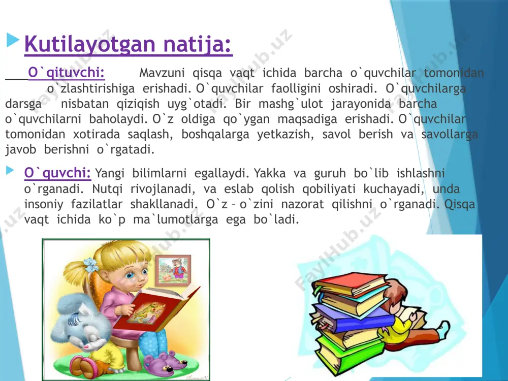 qulay usul bilan ye­chish munozara muammoli izlanish izlanish amaliy ish muammoli izlanish 17 minut 5-bosqich. yangi mavzuni mustahkamlash savol-javob orqali yangi mavzu mustahkamlanadi. muammoli izlanish 3 minut 6-bosqich. baholash 1. o'quvchining darsda ishtiroki hisobga olinib, reyting bali e'lon qilinadi. 2. dars yakunlanadi. 2 minut 2 minut 7-bosqich. uyga vazifa 6-masala, 7-misol. tushuntirish 2 minut darsning borishi: 1-, 2-bosqichlar texnologik xarita asosida tashkil etiladi. 3-bosqich. o'tilgan mavzuni mustahkamlash: o'tilgan mavzuni mustahkamlash maqsadida mustaqil ish o'tkazish. (doskaga ushbu rasmlar ilinadi va har bir guruhdan o’quvchilar navbatma-navbat chiqib ishlanadi. misolni to’g’ri bajargan o’quvchiga rag’bat kartochkasi beriladi) qolgan o’quvchilarga rangli qog’ozdan tayyorlangan shakllari tarqatiladi. o’quvchilarga shaklni daftarlariga yopishtirib, peremetrini topish beriladi. 4-bosqich. yangi mavzu bayoni. 1-misol (og'zaki).soatning kichik mili soatni necha bo'lganini ko'rsatadi. u bir raqamdan ikkinchi raqamgacha 1 soatda o'tadi. soatning katta mili minutni ko'rsatadi. u bir chiziqchadan ikkinchi chiziqchaga 1 minutda o'tadi. 1 soat = 60 minut. savoljavob o'tkazish: 1) soat qaysi …