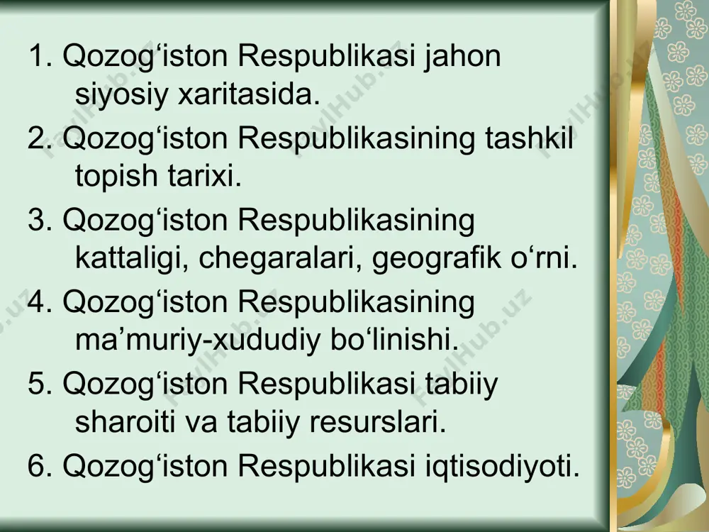assr (rsfsr tarkibida) va 1936 yil 5 dekabridan boshlab qozog‘iston ssr maqomida shakllangan edi. qozog‘iston respublikasi poytaxtlari rolini ham turli davrlarda turli shaharlar o‘tadilar. bular orenburg (1920-1925yy.), qizilo‘rda (1925-1929yy.) va almati (1929-1998yy.). so‘nggi poytaxti etib astana (oldingi aqmo‘la) shahri tanlandi. qozog‘iston respublikasining umumiy maydoni 2724902 kv km, umumiy maydoni butun yer shari maydonining 2 % ni, osiyoning 6,1 % ni, mintaqa hududining 2/3 qismidan ko‘prog‘ini tashkil qiladi. kattaligiga ko‘ra u mdhda rossiyadan keyin 2, jahonda esa 9 o‘rinni egallaydi. ammo aholisining soni (18,1 mln. kishi, 2016y.)ga ko‘ra u mdhda 3, jahonda esa 64 o‘rinda turadi. hozirgi vaqtda qozog‘iston respublikasi ma’muriy hududiy tarkibida 14 oblast mavjud, ular beshta iqtisodiy rayonga birlashtirilgan. 2 ta alohida statusga ega shahar. 1ta alohida xudud baykanur 58 kv km, aholisi 38000. qozog‘istonning geografik o‘rni ham o‘ziga xos. u yevrosiyo materigining markazida, markaziy osiyo mintaqasining shimoliy tomonini egallaydi. uning hududi rossiya federatsiyasi va turkiyaga o‘xshash yevropa va …