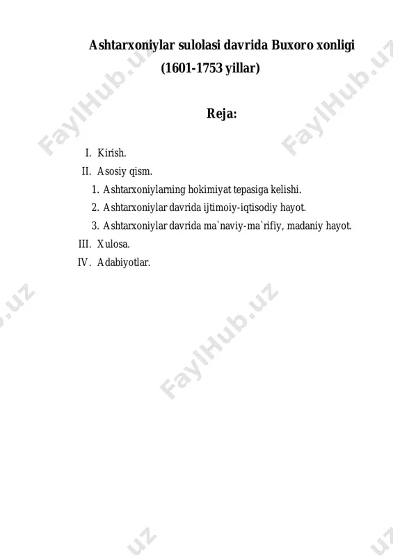 mustahkamlash, boshqaruv tizimini izga solish uchun ko’p urindi. 1602- yilda eron safaviylariga zarba berib, balxni kuch bilan bo’ysundirdi va ukasi vali muhammadni hokim etib tayinladi. 1603- yilda eron safaviylarining balxga hujum qilgan qo’shinlarini mag’lubiyatga uchratdi. boqi muhammad toshkent uchun qozoq sultonlariga qarshi kurashdi. 1604- yilda qozoq xoni kelimuhammad qo’shinlarini mamlakat hududidan haydab chiqarib, qator hududlarni buxoro xonligiga bo’ysundirdi. 1605- yilda boqi muhammad vafot etgach, uning ukasi vali muhammad taxtga o’tqazildi. ichki kurash yana avj oldi. qabila beklari xon hokimiyatiga bo’ysunmay muxolifatchilikni kuchaytirdilar. buxorolik amirlar xonga qarshi isyon uyushtirganligidan xabar topgan vali muhammad farzandlarini olib eronga qochadi. amirlar taxtga boqi muhammadxonning o’g’li imomqulixonni (1611-1642) o’tqazdilar. u vali muhammad boshlab kelgan eron qo’shinlarini tor-mor keltirib, mamlakat mustaqilligini saqlab qoldi. vali muhammad asir olinib qatl etildi. imomqulixon toshkent va xonlikning shimoli-sharqiy chegaralari uchun qozoqlar, jung’ar (ayrat) lar, qalmoqlar, qoraqalpoqlarga qarshi muvaffaqiyatli kurash olib bordi. 1613- yilda toshkent yerlarini egallagan qozoqlarga hujum qilib, toshkentni …