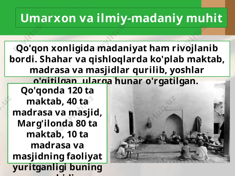 vuf ilmini egallay boshlagan. 18 yil davomida dunyoning juda ko'p mamlakatlarini kezib chiqqan. boborahim mashrab mashrab o'z she'rlarida hukmron tabaqalarining mehnatkash xalqqa o'tkazgan jabr-zulmlarni, ochko'zligini ba'zi ruhoniylarning, eshonlarning avom xalq ruhini do'zax va oxirat azoblari bilan dahshatga solayotganligini ayovsiz fosh etadi. xalqning og'ir, ayanchli ahvoliga achinadi. mashrab bitgan quyidagi satrlar buning dalilidir. dili tig'i sitamdin pora bo'lg'on xalqni ko'rdim, tani dard-u alamdan yora bo‘lg'on xalqni ko'rdim. foydalaniladigan adabiyotlar: a. karimov — “quqon xonligi tarixi”, toshkent, 1996 s. azimjonov — “oʻrta osiyo me’morchiligi tarixi”, toshkent, 2002 m. yuldashev — “quqon xonligi va uning madaniy merosi”, farg‘ona, 2010 o‘zbekiston milliy ensiklopediyasi – “quqon xonligi” maqolasi davlat muzeyi va yodgorliklar to‘g‘risidagi risolalar va broshyuralar image2.jpg image3.jpg image4.jpeg image5.jpeg image6.jpeg image7.jpg image8.jpeg image9.jpeg image10.jpeg image11.jpeg image12.jpeg image13.jpeg image14.jpeg image15.jpeg image16.jpeg image1.jpg /docprops/thumbnail.jpeg