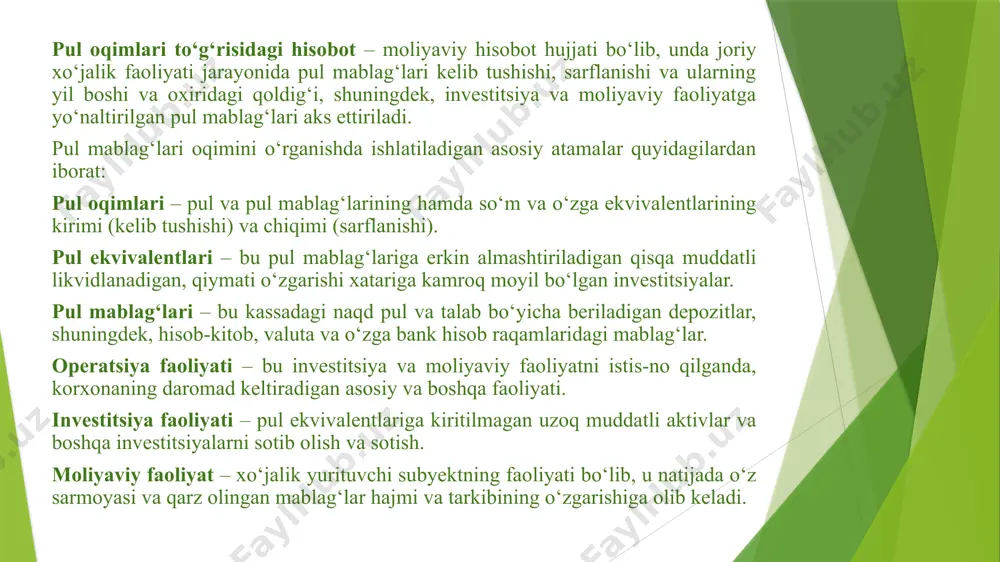 sosiy vositalarni uzoq muddatli kredit hisobiga sotib olish, kreditor qarzlarni aksiyani chiqarish va kreditlarga qo‘shimcha aksiyani berish orqali bo‘lishi mumkin. pul oqimlari to‘g‘risidagi hisobot ma’lumotlarini tahlil etishning 2 uslubi mavjud. 1. to‘g‘ri uslub. 2. egri uslub. to‘g‘ri uslub orqali pul mablag‘larining harakatini tahlil etish uchun joriy faoliyat, soliqlanish, investitsiya, moliyaviy faoliyatlari bo‘yicha mablag‘larni kirim qismi, chiqimi bilan taqqoslanib, sof kirimi (yoki chiqimi) aniqlanadi. egri uslub orqali esa amalda olingan moliyaviy natijalar (foyda) bilan pul mablag‘lari hajmining mutlaq o‘zgarishi o‘rtasidagi o‘zaro bog‘liqlikni aniqlash imkoniyati mavjud bo‘ladi. xo`jalik yurituvchi sub`ektlar xususiy kapital tahlili. xususiy kapital korxonaning o‘z mablag‘lari manbayining asosini tashkil etuvchi ko‘rsatkich hisoblanib, uning tarkibiga korxona ustav kapitali, zaxira kapitali, qo‘shilgan kapital hamda taqsimlanmagan foyda (qoplanmagan zarar) kiradi. buxgalteriya hisobi fanidan ma’lumki korxona, tashkilot va firmalarni moliyaviy mablag‘lar bilan ta’minlash manbayi bo‘lib quyidagilar hisoblanadi: o‘z mablag‘lari manbayi; qarz mablag‘lari. «rezerv kapitali – bu ta’sis hujjatlariga binoan hisobot davrida erishilgan sof foyda …