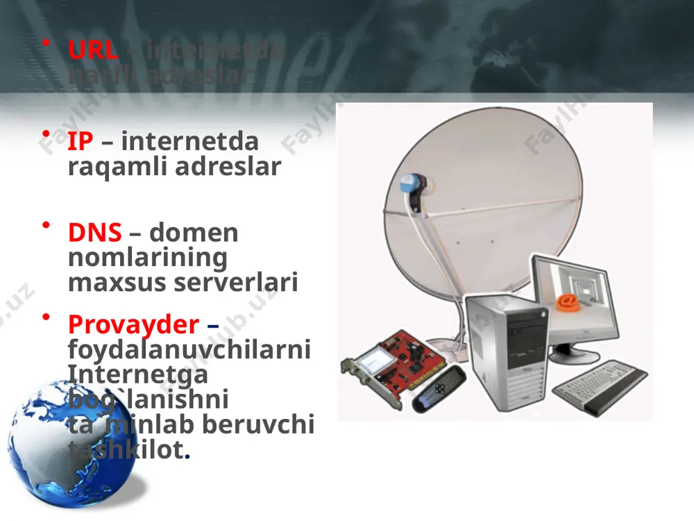 qilish; sms va ovozli xabarlarni qabul qilish va uzatish. 27 28 brauzerlar brauzer (броузер, browser) – web-sahifalarni ekranda ko`rish dasturi: mosaic (1993-1995), illinoy universiteti netscape navigator (1995-2002) internet explorer, 37%, windows tarkibida. mozilla firefox, 47%, http://www.mozilla.org opera, http://www.opera.com, 2% (rosiyya – 30% gacha) safari, http://www.apple.com, 4% chrome, http://www.google.com/chrome, 10% 28 image2.jpeg image3.png image4.png image5.png image6.png image7.gif image8.gif image9.gif image10.gif image11.png image12.png image13.jpeg image14.png image15.png image16.gif image17.jpeg image18.png image19.png image20.png image21.png image22.png image23.png image24.png image25.png image26.png image27.jpeg image28.wmf image29.wmf image30.png image31.jpeg image32.jpeg image33.jpeg image34.png image35.png image36.png image37.wmf image38.png image39.png image40.png image41.wmf image42.wmf image43.png image1.jpeg