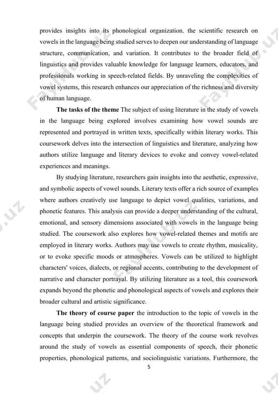 rthermore, the coursework examines the phonological aspects of vowels, analyzing their distribution within words, syllables, and linguistic contexts. it explores phonological rules and constraints governing vowel systems, as well as the phonemic contrasts that distinguish word meanings. sociolinguistic variations in vowel pronunciation are also a focal point of the coursework. it investigates how vowel sounds may vary regionally, socially, or across different speech communities, reflecting dialectal differences and sociocultural factors. the theoretical framework of the course work encompasses linguistic theories and methodologies used to analyze and interpret vowel-related phenomena in the language being studied. by exploring these theoretical foundations, researchers gain a deeper understanding of the complexities of vowels, their significance in language structure and communication, and their role in reflecting cultural and social identities. the methodological framework basis of the subject of the course work on vowels in the language being studied involves employing various research methods and techniques …