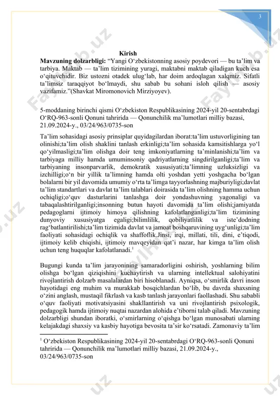 ishining predmeti: o‘smir yoshdagilarning o‘quv faoliyatida namoyon bo‘ladigan motivatsion omillarni, ularning shakllanishi, turlari va o‘quv jarayoniga ta’sirini psixologik jihatdan o‘rganish. kurs ishining obyekti: kurs ishining metodologik asoslari: mazkur kurs ishida o‘smirlarning o‘quv faoliyatidagi motivatsiyasini o‘rganishda psixologik kuzatish, suhbat, so‘rovnoma, test sinovlari va diagnostik usullar qo‘llanildi. tadqiqot davomida o‘quvchilarning o‘quv faoliyatiga bo‘lgan munosabati, rag‘bat va qiziqishlarini aniqlash, ularning motivatsion holatini baholash metodlari asos sifatida olindi. shuningdek, taqqoslash, tahlil va umumlashtirish metodlari yordamida olingan natijalar o‘rganilib, tahlil qilindi. kurs ishining nazariy ahamiyati: o‘smirlarning o‘quv faoliyati motivatsiyasi va unga ta’sir etuvchi psixologik omillar tahlil qilinib, ularning rivojlanish xususiyatlari ilmiy asosda yoritilgan. tadqiqot natijalari kelgusida o‘quvchilarning motivatsiyasini oshirish, o‘quv jarayonini samarali tashkil etish va ta’lim-tarbiya jarayonida qo‘llash uchun nazariy asos bo‘lib xizmat qiladi. kurs ishining amaliy ahamiyati: mazkur kurs ishi natijalari o‘quvchilarning o‘quv faoliyati motivatsiyasini oshirish, ularning ta’lim jarayonidagi faolligini kuchaytirish va qiziqishini rivojlantirish uchun psixologik tavsiyalar hamda trening mashg‘ulotlarini ishlab chiqishda amaliy yordam …