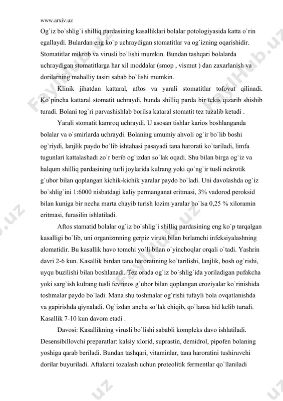 akain eritmasi qorishtirilgan tuxum oqi buyuriladi. yallig`lanish keskin ifodalangan bo`lsa suyuq ovqatni sovutib beriladi. kasallik 7-10 kun davom etib aftalar chandiq hosil qilmasdan bitib ketadi , bu kasallik qaytalanmaydi chunki undan keyin turg`un immunitet qoladi. adabiyotlar: 1. v.p.bisyarina “bolalar kasalliklari bolalar parvarishi va go`daklarning anatomik - fiziologik xususiyatlari “ toshkent 1990 yil. 2. v.a.belousov, a.d. pevzner “bolalar kasalliklari “ toshkent 1992 yil . 3. j.eshqobulov, a.maxmudov “bolalar kasalliklari “ toshkent 1993 yil. 4. www.ziyonet.uz