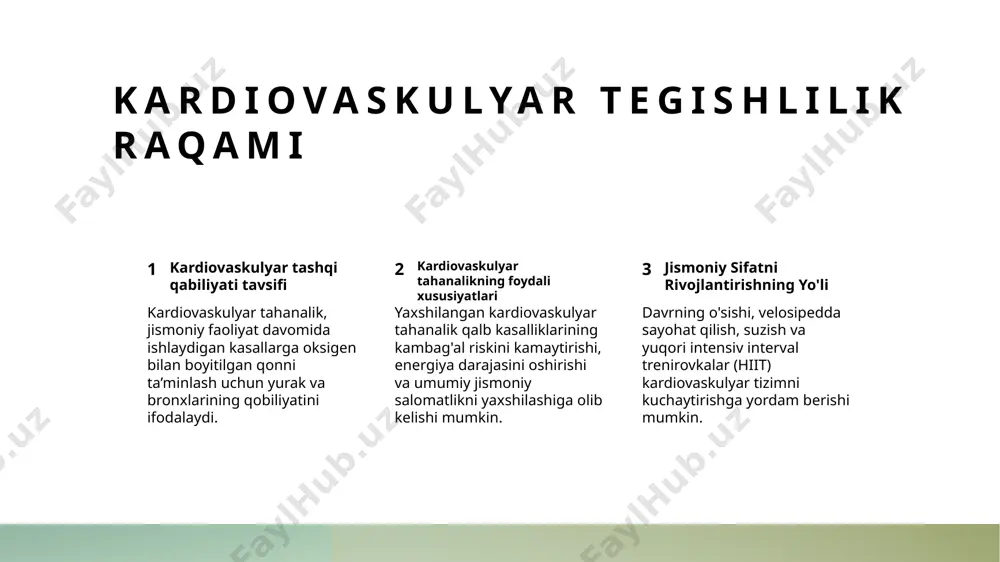 rish orqali, zarar ko'rsatishni kamaytirish. jismoniy faoliyatlar davomida potentsial zararlar ta'siri kamaytirish uchun helmetlar, podshiplar va bandajlarni qo'llashni rag'batlantirish. xavfsizlik protokollari va qoidalarini sport va dam o'yinlari uchun qo'llab-quvvatlash va amalga oshirish, xavfsiz muhit yaratish va tеrеddutlarni va zararlarini oldini olisish uchun. ruhiy sog'liq va mashq 1 2 3 jismoniy sog'lik va mashq munosabatlari jismoniy sog'liqni saqlash uchun mashqlar turlari jismoniy faoliyatning stresni boshqarishdagi ahamiyati odatiy mashqning o'z ichiga olgan tadqiqotlar, oqim, depressiya belgilari kamaytirish, oqimni yaxshilash va umumiy ma'naviy yaxshilikni oshirishga yordam berishini ko'rsatadi. aerobik mashqlar, masalan, yugurish, suzish va velosipedda yugurish, kuchli o'zgarishlar, yogadan foydalanish va meditatsiya, barchasi yaxshi ma'naviy salomatlikka xizmat qilishi mumkin. jismoniy faoliyatda ishtirok etish, stres gormonlarini kamaytirishga yordam berishi, endorfin darajasini oshirishi va stresni boshqarish uchun sog'liqni saqlash uchun yaxshi imkoniyat berishi mumkin. xulosa va keyingi qadamlar asosiy topishmalar va tavsiyalar maqsadlar qo'yish va progressni kuzatish jismoniy o'zgarishlarni amalga oshirish bizning tadqiqotlarimiz jismoniy sifatlarni …