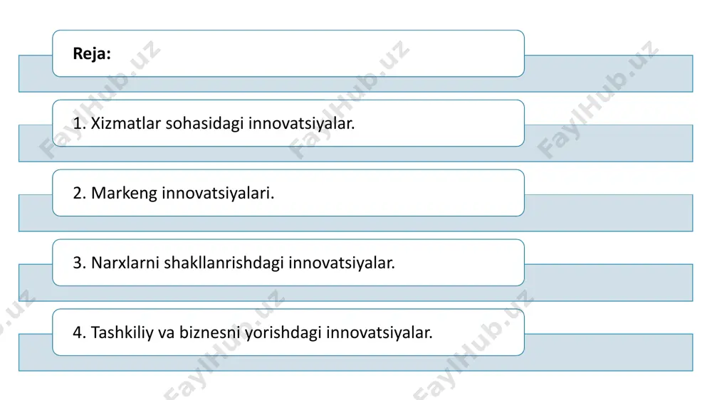 2. marketing innovatsiyalari marketing innovatsiyalari deganda yangi yoki sezilarli yaxshilangan marketing uslublarini joriy etish tushuniladi. bular o‘z ichiga: - mahsulotlarning dizayni va qadoqlanishida jiddiy o‘zgartirishlar; - mahsulotlarni sotish va taqdimoti bo‘yicha, shuningdek ularni bozorlarga tanitish va olg‘a siljitish bo‘yicha yangi uslublardan foydalanish; - yangi narx strategiyalarini shakllantirishni oladi (8.2-rasm). 3. narxlarni shakllantirishdagi innovatsiyalar narxlarni shakllantirishdagi innovatsiyalar – tashkilotning mahsulotlar va xizmatlar bilan savdo qilishi uchun yangi narx strategiyalaridan foydalanishini bildiradi. marketing vositalaridagi mavsumiy, doimiy yoki boshqa joriy o‘zgarishlar, agar ular yangilik olib kelmasalar, marketing innovatsiyalari hisoblanmaydi. mahsulotlar bo‘yicha innovatsiyalar bilan marketing innovatsiyalarini bir-biridan farqlovchi asosiy mezon – bu mahsulotning funksiyalarida yoki undan foydalanish usullarida jiddiy o‘zgarishlar mavjudligidir. agar mahsulot va xizmatlarning funksional yoki foydalanish xususiyatlari mavjud mahsulot va xizmatlarnikidan ancha yaxshilangan bo‘lsa, bu mahsulotlar bo‘yicha innovatsiyalar hisoblanadi. mahsulot dizaynidagi o‘zgarishlar esa, agar uning funksional yoki iste’mol xususiyatlari sezilarli darajada o‘zgarmagan bo‘lsa, bu marketing innovatsiyalari hisoblanadi. jarayonlar bo‘yicha va marketing innovatsiyalari …