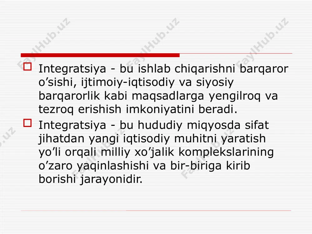 odiy integratsion jarayonlar natijasidagi qulayliklar: xo’jalik sub’ektlarini ko’plab resurslar bilan (mehnat va yangi texnik-texnologik materiallar) ta’minlash bilan bir vaqtda jahon bozorlariga mos, raqobatbardosh mahsulotlar ishlab chiqarish imkonini beradi; xalqaro iqtisodiy integratsion jarayonlarda qatnashuvchi barcha davlatlarni iqtisodiy, ijtimoiy-siyosiy va madaniy jihatidan bir-biriga yaqinlashtiradi;a’zo davlatlarni dunyo mamlakatlari tomonidan ruy berishi mumkin bo’lgan turli to’siq va raqobatdan himoya qiladi: xalqaro iqtisodiy integratsion jarayonlarda ishtirok etuvchi davlatlar o’rtasidagi iqtisodiy, ijtimoiy-siyosiy va madaniy muammolarni hal etish imkoniyatini beradi. shunday qilib, xalqaro iqtisodiy integratsion jarayonlarni borishi iqtisodiy rivojlanish va yuksalishdan orqada qolayotgan mintaqalarni, rayonlarni rivojlanishiga, xalqaro mehnat bozorlaridagi ahvolni yaxshilanishiga, iqtisodiy kam ta’minlangan aholini esa iqtisodiy ta’minotini yaxshilanishiga imkon tug’diradi. milliy iqtisodiy integratsiya afzalliklariga quyidagilar kiradi: - mineral, qishloq xo’jaligi va energetika xom ashyosining barcha turlari bilan mintaqaning to’liq o’zini o’zi ta’minlashi; birgalikdagi qudratli eksport salohiyati; - kooperatsiya va qo’shma investitsiyalar asosida raqobatbardoshli mahsulot ishlab chiqarishni tashkil etish imkonini beruvchi jami ishlab chiqarish salohiyati; - ta’lim …