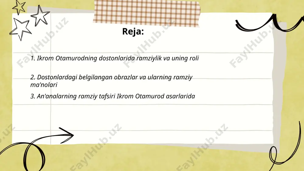 ri bilan bog'laydi. bu obrazlar hamjamiyatda birlashish va o'zligini aniqlash vositasi ham hisoblanadi. ... t.me/slaydai_bot ikrom otamurod asarlarida an’analarning ramziy tafsiri muhim rol o’ynaydi. u, ayniqsa, mahalliy urf-odatlar va qadriyatlarni o’ziga hos ramzlar orqali ifoda etadi. uning asarlarida o'zbek xalq hayotining chinakam mohiyati ochib beriladi. u faoliyatining 1980-yillarida ijodiy yetuklikka erishgan. otamurodning ko'plab asarlarida oila, mehnatsevarlik, va urf-odatlarning ahamiyati asosiy mavzulardan biri hisoblanadi. uning ijodida ramzlar orqali tashvish, dunyoqarash va jamiyatdagi o’zgarishlar aks ettiriladi. u o’z asarlarida an’anaviy madaniyatga zamonaviy yondashuvni qo’llash orqali keng auditoriyaga murojaat qiladi. asarlari ko'plab tanqidchilar tomonidan yuqori baholanib, 20 dan ortiq kitobi nashr etilgan. ... t.me/slaydai_bot 4. yoritilmagan ramzlar va ularning yashirin ma'nolari yoritilmagan ramzlar va ularning yashirin ma'nolari mavzusi insoniyat tarixida muhim o‘rin tutadi. ramzlar ko‘pincha madaniyatlar, dinlar va san'atda qo‘llanilib, ularning yashirin ma'nolari chuqur tahlilni talab qiladi. masalan, ilon ramzi ko‘plab madaniyatlarda donolik va qayta tug‘ilish belgisi sifatida qabul qilinadi. g‘arbiy madaniyatlarda qora …