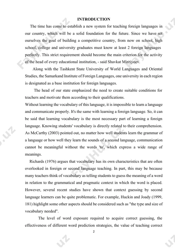 communication cannot be meaningful without the words 'to', which express a wide range of meanings. richards (1976) argues that vocabulary has its own characteristics that are often overlooked in foreign or second language teaching. in part, this may be because many teachers think of vocabulary as telling students to guess the meaning of a word in relation to the grammatical and pragmatic context in which the word is placed. however, several recent studies have shown that context guessing by second language learners can be quite problematic. for example, huckin and joady (1999, 181) highlight some other aspects should be considered such as "the type and size of vocabulary needed". the level of word exposure required to acquire correct guessing, the effectiveness of different word prediction strategies, the value of teaching correct guessing strategies, the effect of problems with different types of processing, reading texts, changing input effects, and random learning …