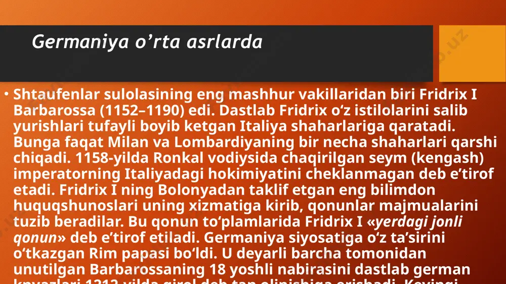is fashistlari shiddatli zarbaga duch keldi. 1945-yil 2-mayda ittifoqchilar qoʻshinlari berlinni egalladi. 8-mayda germaniya soʻzsiz taslim boʻlganligi haqidagi hujjatga imzo chekdi. germaniya urushdan keyingi yillarda germaniya toʻrt okkupatsiya zonasiga boʻlindi. 1949-yil avgustda gʻarbiy germaniyada parlament saylovi oʻtkazildi. oʻsha yili 20-sentabrda gfr tuzildi. 1949-yil 7-oktabrda xalq kengashi germaniya demokratik respublikasi (gdr) tuzilganligini eʼlon qildi. ikki suveren nemis davlati 1990-yil oktabrgacha alohida-alohida yashab keldi. lekin sotsialistax jamiyat qurish yoʻlini tutgan gdrning ijtimoiy turmush darajasi gʻarbiy germaniya darajasiga nisbatan ancha orqada qoldi — gʻarbiy germaniya jahonning taraqqiy etgan mamlakatlari qatoridan oʻrin oldi. nemis xalqining birlashish orzusi 1989-yilning soʻngida taqiq ramzi boʻlmish berlin devorining buzilishi bilan ushaldi (berlin devorining qulatilishi). 1990-yil 12-sentabrda moskvada germaniya masalasini uzil-kesil hal etish toʻgʻrisidagi shartnoma imzolandi. gdr xalq palatasining qaroriga binoan gdr ofrga qoʻshildi. natijada yagona germaniya davlati tashkil topdi. 1999-yildan germaniya federal prezidenta — yoxannes pay. 1998-yildan federal kansler—gerhard shreder. germaniya —1973-yildan bmt aʼzosi. oʻzbekiston rerspublikasi bilan diplomatiya …