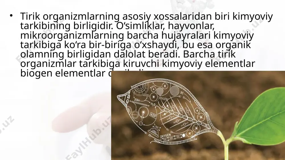 . hujayra ichki muhitining kuchsiz ishqoriy holatda doimiy saqlash xususiyati buferlik deyiladi. hujayra ichida h2po4- va hpo42- anionlari, hujayralararo hujayra tarkibiga kiruvchi birikmalar. hujayra tarkibiga kiruvchi birikmalarni ikki guruhga: anorganik moddalar va organik moddalarga birlashtirish mumkin (1-sxema). hujayraning anorganik birikmalari. hujayraning hayot faoliyatida mineral tuzlar ham muhim ahamiyatga ega. mineral tuzlar hujayrada kationlar (k+, na+, ca+2, mg+2), anionlar (cl–, hco3–, hpo42-, h2po4–) yoki kristall holda uchraydi. suvning hujayradagi funksiyalari nihoyatda ko‘p. ko‘p hujayrali organizmlar tana massasining 80% ini suv tashkil qiladi. hujayradagi suv ning miq dori, shu hujayradagi moddalar almashinuvining intensivligiga bog‘liq bo‘la di. suvning biologik funksiyalari uning fi zik-kimyoviy xususiyatlari bilan belgilanadi. suv molekulasi kislorod atomi va u bilan kovalent bog‘lar orqali bog‘langan ikkita vodorod atomidan tashkil topgan. suv molekulasining bir tomoni musbat, ikkinchi tomoni esa manfi y zaryadlangan bo‘lib, dipol – ikki qutbli molekula deyiladi suv hujayrada muhim erituvchi hisoblanadi. suv molekulalari qutbli bo‘lgani uchun unda qutbli moddalar …