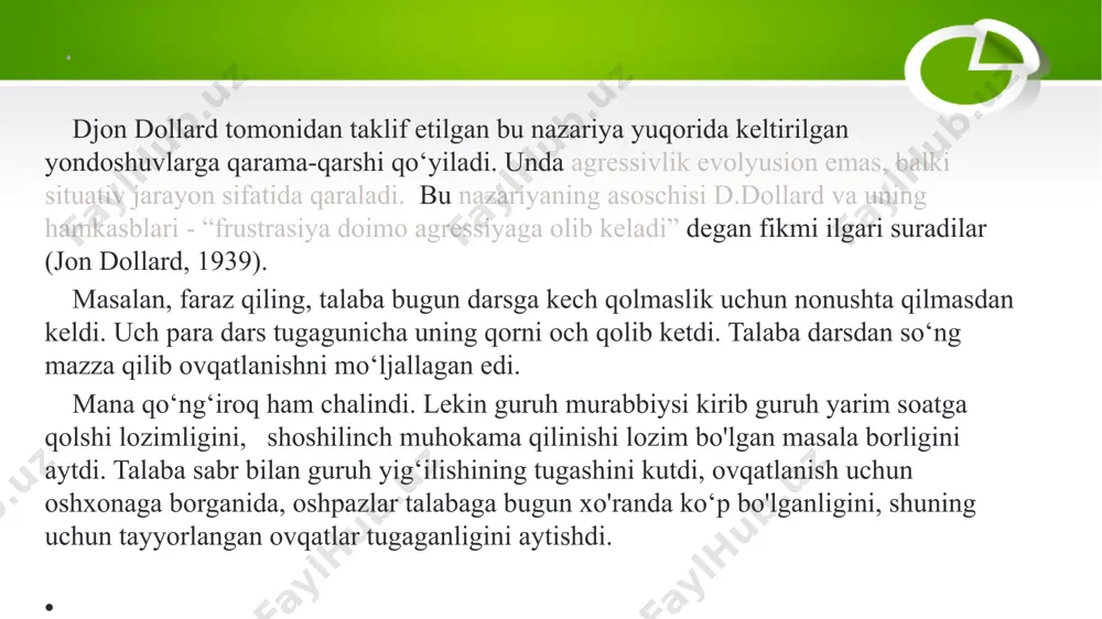 quydagicha ifodalanadi: - frustasiya har doim biror-bir shakldagi agressiyaga olib keladi. - agressiyani chorlovchi masalalarda doimo uchta omil hal qiluvchi uluuniyatga ega bo'ladi: 1. sub’ekt tomonidan kutilayotgan bo'lg'usida erishiladigan mnqsudgn crishisli darajasi - agar shaxs o‘z oldiga qo'ygan maqsadiga erishishi anchii vaqtgu cho‘zilib ketsa, bunday holat albatta agressiyani chaqiradi; 2. maqsadga erishish yo'lidagi to'siq kuchi - shaxsning o'z oldiga qo'ygan maqsadi yo'lida uchragan to'siq yengib bo'lmas darajada bo'lsa yoki shaxs tomonidan shunday deb tushunilsa, agressiya vujudga keladi. 3. ketma-ket ffustasiyalar soni - agar maqsad yo'lida bir-to'siq ortidan ikkinchisi, uning ortidan uchinchisi kelaversa va bu ketma-ketlik davom etaversa, bu albatta shaxsda agressiyani keltirib chiqaradi. . yuqoridagi uch holatni quyidagicha tushuntirish mumkin: sub’ekt o'z oldiga qo'ygan maqsadidan qoniqishni qay darajada ko'p kutsa, bu yo'lda to'siqlar qay darajada kuchli bo'lsa va to'siqlar qay darajada ko'p blokirovka qilinsa, agressiv xulq-atvorga turtki shuncha kuchli bo'ladi. frustratsiyalar ketma-ket sodir bo'lganda ulaming kuchi bir-biri bilan qo'shilib, katta …
