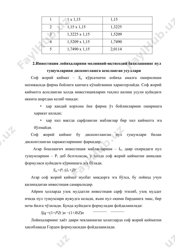 ицияларни уларнинг самаралилиги нуқтаи назаридан таққослаш имконини беради. 3.инвестиция лойиҳаларини баҳолашнинг содда услублари инвестиция лойиҳаларини баҳолашнинг содда услубларига дисконтлаш концепциясини қўллашни кўзда тутмаган услублар, яъни инвестиция лойиҳаларига сарфланган маблағларни қоплаш даври ва бухгалтерия рентабеллигини ҳисоблаш услублари киради. лойиҳаларни баҳолашнинг содда услублари лойиҳа бўйича қўшимча маълумотлар олиш имконини беради. инвестиция лойиҳаларини молиявийиқтисодий баҳолашнинг барча услублари ўзига хос афзалликлар ҳамда камчиликларга эга. шу туфайли уларни биргаликда қўллаш инвестиция лойиҳаларини тўлиқ баҳолаш имконини беради. инвестиция лойиҳаларига сарфланган маблағларни қоплаш даври - iqd бу шундай даврки, бунда дастлабки қилинган инвестициялар миқдори тикланади. iqd = ib : pt бу формула ёрдамида инвестициялашдан келадиган пул тушуми суммасини икки усулда аниқлаш мумкин. биринчи усул қачонки, пул тушумлари йил давомида бир хил бўлса қўлланилади. мисол учун, инвестор 200 млн. сўм инвестиция сарф қилди ва 5 йил ичида ҳар йили 50 млн. сўмдан даромад олишни кутаяпти. унда 4 йил (200/50=4) ичида сарфланган инвестиция қопланади ва қолган 1 йил давомида …