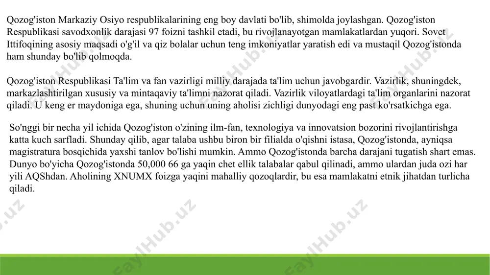 i zichligi boʻyicha jahonda 184-oʻrinda. katta songa ega aholining etnik tarkibi qozoqlar – 12,264,253 kishi . nemislar – 180,832 kishi. koreyslar – 103,456 kishi. turklar – 101,416 kishi . ozarbayjonlar – 93490 kishi. beloruslar – 62,694 kishi . dunganlar – 57,819 kishi. turklar – 101,416 kishi. ozarbayjonlar – 93490 kishi. beloruslar – 62,694 kishi . dunganlar – 57,819 kishi. ruslar – 3,126,722 kishi. oʻzbeklar – 493,783 kishi. ukrainlar – 313,698 kishi. uygʻurlar – 237,582 kishi. tatarlar – 203,371 kishi . koreyslar – 103,456 kishi. turklar – 101,416 kishi. ozarbayjonlar – 93490 kishi. beloruslar – 62,694 kishi. dunganlar – 57,819 kishi . kurdlar – 40,626 kishi. tojiklar – 39,612 kishi. polyaklar – 33,301 kishi. chechenlar – 31,809 kishi. qirgʻizlar – 23,274 kishi boshqirdlar – 17,073 kishi. ingushlar – 15,120 kishi. moldavanlar – 14,245 kishi yunonlar – 8,846 kishi . boshqa millatlar – 1,350 kishi adabiyotlar ro'yhati qozog'iston cia world factbook aqsh …