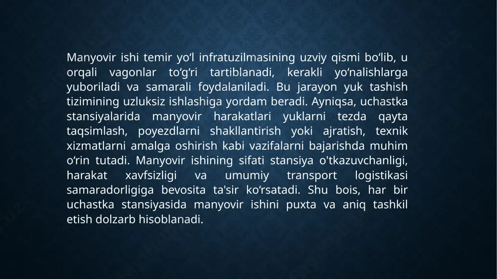 ruv moslamalarini joriy etish muhim hisoblanadi. bu texnologiyalar orqali manyovir jarayonlarini masofadan turib boshqarish va real vaqt rejimida nazorat qilish imkoniyati yaratiladi. tashkiliy tomondan esa, har bir manyovir harakatining aniq rejalashtirilishi, brigadalar o‘rtasida to‘g‘ri vazifa taqsimoti va o‘zaro axborot almashinuvi tizimini yaratish lozim. bundan tashqari, xodimlar uchun doimiy amaliy treninglar va xavfsizlik bo‘yicha malaka oshirish kurslarini tashkil etish orqali inson omilidan kelib chiqadigan xatoliklarni kamaytirish mumkin. shuningdek, ish vaqtini va topshiriq bajarilish jarayonini nazorat qiluvchi raqamli tizimlar ham samaradorlikni oshiradi. manyovir ishini takomillashtirishda texnik jihatdan harakat yo‘llarining tozaligi va yaroqliligini ta’minlash, lokomotivlarni texnik xizmatdan o‘z vaqtida o‘tkazish va zamonaviy monitoring tizimlarini o‘rnatish katta ahamiyatga ega. texnik vositalarning ishonchliligi manyovir harakatlarining uzluksiz va xavfsiz bajarilishiga bevosita ta’sir qiladi. tashkiliy tomondan esa, har bir smena uchun manyovir ish rejasini oldindan ishlab chiqish, mehnat taqsimotini adolatli tashkil etish va boshqaruv zanjirini soddalashtirish lozim. shuningdek, elektron hujjat aylanishini joriy qilish orqali buyruq va ma’lumotlarning …