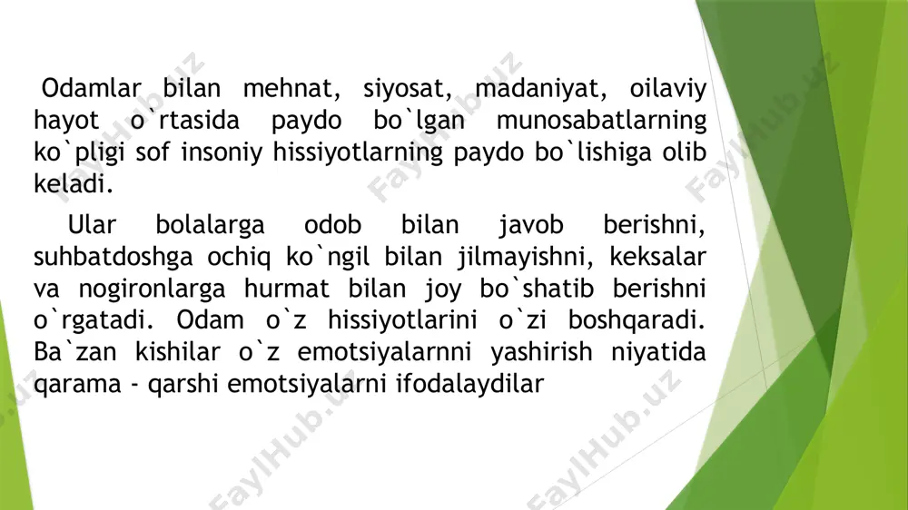 ktlarga va ularning san`atiga aks ettirishiga qandaydir go`zallik yoki xunuklik, fojiali yoki kulgili, olijanob yoki razil, nozik yoki dag`al hodisalar sifatida munosabatda bo`ladilar. bu hislar tegishli baholarda, estetik didlarda namoyon bo`ladi va o`ziga xos, badiiy lazzatlanish holatida kechiriladi. aqliy (intellektual) hislar odamning haqqoniy fikrlarga, soxta, ajablanarli, shubhali, tushunarli yoki tushunib bo`lmaydigan, hayratda qoldiradigan fikrlarga bo`lgan munosabatlarda ifodalanadi. aqliy hislarga dastavval ajablanishni kiritish mumkin.. inson o`z xayoti davomida xissiyotlarini boshqara bilishi kerak image1.tmp image2.tmp image3.tmp image4.jpeg image5.png image6.png /docprops/thumbnail.jpeg