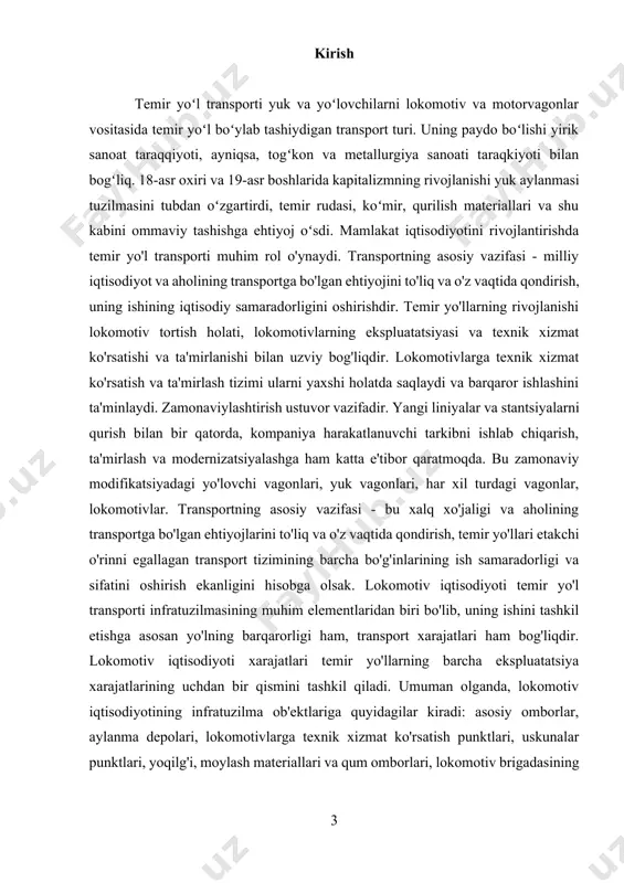 harakatlanuvchi tarkibni ta'mirlovchi korxonalarning yuqori sifatli ishi yuk va yo'lovchilarni tashish rejasining muvaffaqiyatli bajarilishiga, mehnat unumdorligi va temir yo'llar sifatining oshishiga yordam beradi. teplovozlarga xizmat ko'rsatish sifati asosan ularning holatini belgilaydi. lokomotivni mukammal parvarish qilish, uni o'z vaqtida tekshirish yoki yuqori sifatli ish bilan ta'mirlash muammosiz ishlash kafolati. lokomotivlarni ta'mirlash ularning minimal ish va moddiy xarajatlari bilan muammosiz ishlashini ta'minlashi kerak. lokomotiv xizmat ko'rsatish va qabul qilish lokomotiv brigadashing ish joyiga kelish tartibi dizel dvigatelning yukini ko'payishi bilan jihozlar va qismlarning ishlash shartlari o'zgaradi, ishqalanadigan qismlarning aşınma intensivligi, agregatlar tebranish chastotasi va amplitudasi va boshqalar dizeldan elektrovoz tortish kuchiga o'tish uchun temir yo'lni elektrlashtirish, rekonstruktsiya qilish va modernizatsiya qilish munosabati bilan zavod vl80s va vl60k seriyali elektrovozlarni ta'mirlashni keng o'zlashtira boshladi. ushbu dastur shuningdek, ilgari chet el korxonalaridan olingan trek va aloqa tarmoqlarining yuqori tuzilishi uchun ehtiyot qismlar ishlab chiqarishni o'zlashtirishni talab qildi. bundan tashqari, importni kamaytirish maqsadida teplovozlar va …