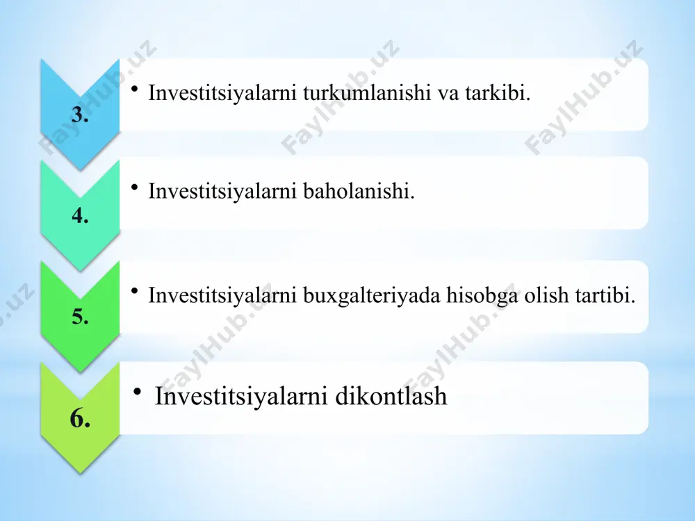 hmsga muvofiq moliyaviy investitsiyalarni xarid qilish chogida ular xarid qiymati bo‘yicha baholanadi ва bu qiymatga brokerlar xizmati uchun to‘langan haq, bank xizmati uchun to‘lovlar, bojlar ва boshqa xarajatlar kiritiladi. xo‘jalik yurituvchi subyektlar uzoq muddatli moliyaviy investitsiyalarni quyidagi baholarda hisobga olib boradi: harid bahosida ; •qayta baholashni hisobga olgan qiymatda; •qimmatli qog‘ozlar portfeli asosida aniqlanadigan xarid ва joriy qiymatlar yuzasidan eng kam baholashda. 5. investitsiyalarni buxgalteriyada hisobga olish tartibi «qimmatli qog‘ozlar - bu ularni chiqargan shaxs bilan ularning egasi o‘rtasidagi mulkiy huquqlarni ёки qarz munosabatlarini tasdiqlovchi, dividend ёки foiz ko‘rinishida daromad to‘lashni hamda ushbu hujjatlardan kelib chiqadigan huquqlarni boshqa shaxsga berish imkoniyatini nazarda tutuvchi pul hujjatlaridir». qimmatli qog’ozlar aksiyalar; obligatsiyalar; xazina majburyatlari; depozit va xazina sertifikatlari; veksellar xosilaviy qimmatli qog’ozlar aksiya (gollandcha actie so‘zidan olingan bo‘lib, qimmatli qog‘oz degan maʼnoni anglatadi) - bu aksiyadorlik jamiyatining ustav fondiga muayyan hissa qo‘shganlikdan guvohlik beruvchi, uning egasiga foydaning bir qismini оlish va, odatda, ushbu …