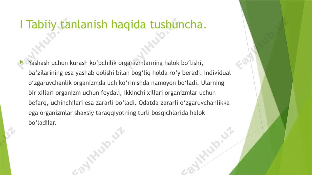 o‘zgarmas. hasharotlar yorda mida changlanadigan gullarning tuzilishidagi turg‘unlik o‘sim liklar va ularni changlatuvchilarning birgalikdagi evolutsiyasi bilan bog‘liq. qush bola larining soni bilan ota-ona keltirgan oziq o‘rtasida bog‘liqlik mavjud bo‘ladi. chug‘urchuq uyasiga eng ko‘pi bilan 5 ta tuxum qo‘yadi. agar 5 tadan ortiq qo‘ysa, oziq yetishmasligi bolalarning nobud bo‘lishiga sabab bo‘ladi. stabillashtiruvchi tanlanish ta’siri odamlarda ham uchraydi. normal odamlar hujayrasida 44 ta autosoma va 2 ta jinsiy xromosoma borligini bilasizlar. agar ayolning urug‘langan tuxum hujayrasida 44 ta autosoma va bitta y xromosoma bo‘lsa, boshqacha aytganda x xromosoma yetishmasa, u holda homila ona qornida 2–3 oydan so‘ng rivojlanmay qoladi va tabiiy abort ro‘y beradi. belgilari o‘rtacha darajada yoki unga yaqin darajada bo‘lgan individlarning saqlanishiga qaratilgan tanlanish stabillashtiruvchi tanlanish deyiladi (1-rasm). gatteriya, gingko biloba, latimeriya kabi organizmlar o‘zgarmas muhit sharoi tida saqlanib qolganligi stabillash tiruvchi tan lanishning natijasidir (2-rasm). stabillashtiruvchi tanlanish: latimeriya iii harakatlantiruvchi tanlanish. tabiiy tanlanishning bu turi populatsiyadagi irsiy o‘zgaruvchanlik chegarasini …
