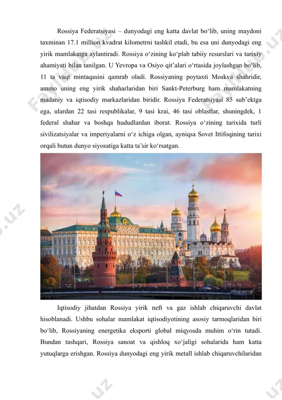 o‘ynaydi. 3. iqtisodiy xavflar: rossiyaning iqtisodiy rivojlanishiga ta’sir qiluvchi asosiy xavflar quyidagilardan iborat: · xalqaro sanksiyalar: rossiya o‘zining tashqi siyosatida ko‘plab xalqaro sanksiyalar bilan yuzma-yuz kelgan. bu sanksiyalar, xususan, energetika sohasida katta ta’sir ko‘rsatgan. rossiya neft va gaz eksportining kamayishi yoki cheklanishi global bozorlar bilan aloqalarini murakkablashtiradi. sanksiyalar rossiyaning texnologik rivojlanishiga ham to‘sqinlik qilmoqda, chunki u yangi texnologiyalarni olib kirishda qiyinchiliklarga duch keladi. · energetika narxlari: rossiya iqtisodiyoti asosan neft va gaz narxlariga bog‘liq bo‘lgani uchun energetika bozoridagi o‘zgarishlar, xususan, narxlarning pasayishi, rossiyaning iqtisodiy barqarorligiga katta xavf tug‘diradi. neft narxlarining tushishi rossiyaning eksport daromadlarini kamaytirishi va milliy valyutani pasaytirishi mumkin. shuningdek, global energiya bozorlarida raqobatning kuchayishi rossiya uchun xavf yaratadi. · ichki iqtisodiy muammolar: rossiya ichki iqtisodiy muammolarni hal qilishda qiyinchiliklarga duch kelmoqda. inflyatsiya darajasi, ishsizlik va daromadlar tengsizlikining oshishi, iste’molchi talabining kamayishiga olib keladi. rossiyaning iqtisodiy rivojlanishini ta’minlash uchun ichki iqtisodiy muammolarni bartaraf etish muhim ahamiyatga ega. · demografik …