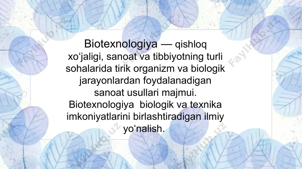 tarixi uzoqqabormaydi (qadimiy jaryonlar ;non yopish, qatiq tayyorlash va x.k. bundan istisno). bu fan asosan o’zbekiston fanlar akademiyasining mikrobiologiya institutida, genetika va o’simlikdar eksperimental biologiyasi institutida hamda respublika kimyo birlashmasiga qarashli bir qator zavodlarda (yangiyo’l biokimyo zavodi, andijon gidroliz zavodi, qo’qon spirt zavodi) rivojlanib kelmoqda. biotexnologiya ixtisosligi bo’yicha birinchi o’zbek akademigi a.g.xolmurodov (1939- 1996) fuzarium avlodiga mansub zamburug’lardan nad-kofermenti va vitaminlar kompleksi (v guruhiga kiruvchi vitaminlar, vitamin rr, q 10 va x.k.) tayyorlash texnologiyasini yaratdi. akademik m.i.mavloniy o’zbekistonda uchraydigan achitqi zamburug’larni tahlil qilib, ularni nonvoychilik, vinochilik va chorvachilikka qo’l keladigan turlarini topdi. biotexnologiyaga rivojlangan sari insoniyat uchun yengilliklar yaratilmoqda.inson organizmi uchun kerak bo‘lgan moddalar masalan ,oqsil ,uglevod kabi moddalar biotexnologiyaga usullari orqali olish oson va qisqa vaqtda ko‘p miqdorda olish mumkin .bundan tashqari biotexnologiyani rivojlangan sari sanoat va boshqa sohalar ham rivojlanib bormoqda. biotexnologiya turli sohalarni, shu jumladan amaliy biologik fanlarni birlashtirgan ko‘plab sohaga ega. masalan, hujayra biologiyasi, molekulyar biologiya …