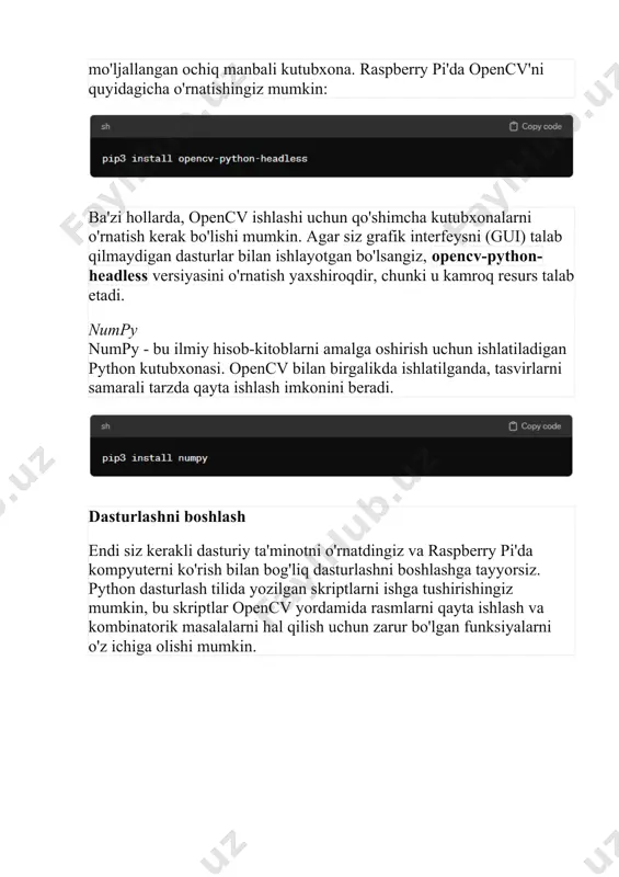 arga o'tkazish, tasvirdan shovqinni olib tashlash yoki boshqa turdagi filtrlash operatsiyalarini amalga o'shirishda dastlabki qadam bo'lishi mumkin. grayscaling, ko'plab tasvirni qayta ishlash vazifalarida muhim rol o'ynaydi, chunki u tasvirdan rang ma'lumotini olib tashlab, faqat yorug'lik darajasini qoldiradi, bu esa ko'plab algoritmlar uchun kerakli ma'lumotni taqdim etadi. tasvir filtrlash: tasvir filtrlash, tasvirlar ustida amalga oshiriladigan muhim qayta ishlash usullaridan biridir. bu usul, tasvir sifatini yaxshilash, shovqinni kamaytirish, yoki tasvirdagi ma'lum bir xususiyatlarni (masalan, chegaralarni) ajratib ko'rsatish uchun qo'llaniladi. filtrlash operatsiyalari, tasvirning har bir pikseli atrofidagi qo'shni piksellarning qiymatlari asosida yangi qiymatlarni hisoblash orqali amalga oshiriladi. bu jarayon bir qator matematik amallar yordamida bajariladi va turli xil filtrlar qo'llanilishi mumkin. asosiy tasvir filtrlash usullari. 1.linza filtrlar (low-pass filters): bu filtrlar tasvirni silliq qilish va shovqinni kamaytirish uchun ishlatiladi. ularning asosiy vazifasi yuqori chastotali ma'lumotlarni (masalan, tasvirdagi kichik detallar yoki shovqin) yo'q qilishdir. misaollar: · oraliq qiymat (mean) filtri: atrofdagi piksellarning o'rtacha qiymatini …