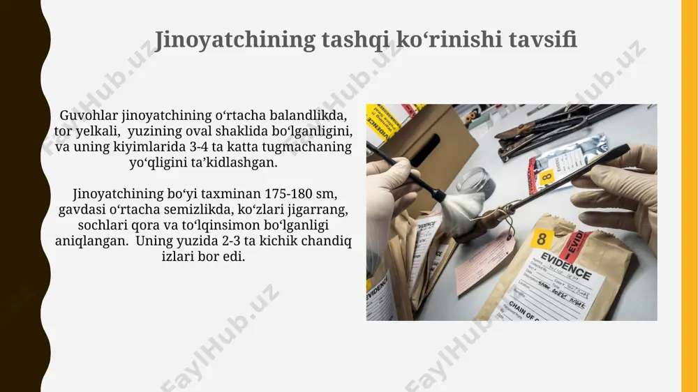 atchining yoshi taxminan 30-35 yosh oralig'ida, tishlari orasida 2 mm kenglikdagi bo'shliq mavjud. uning burun shakli o'rtacha kattalikda, to'g'ri bo'lib, ko'z qovoqlari biroz osilib turadi. jinoyatchining bo'yi 175-180 sm oralig'ida bo'lib, gavdasi o'rtacha to'liqlikda, sochlari qora va to'g'ri, ko'zlari jigarrang, yuzida 3 ta kichik dog' borligi aniqlangan. jinoyatchining ijtimoiy-iqtisodiy holati jinoyatchilarning 35% dan ko'prog'i ijtimoiy yordam dasturlaridan foydalanmagan, bu esa ularning ijtimoiy himoyasizligini va yordamga muhtojligini tasdiqlaydi. ta'lim darajasi past bo'lgan shaxslar (o'rtacha 9 yildan kam) jinoyat sodir etish ehtimoli yuqori, bu esa 70% ga yaqinini tashkil etadi va ijtimoiy moslashish muammolarini aks ettiradi. jinoyatchining psixologik portreti jinoyatchining psixologik portretini tuzishda uning yoshi, jinsi va ijtimoiy-iqtisodiy holati kabi demografik omillar muhim ahamiyatga ega bo'lib, taxminan 70% hollarda bu omillar jinoyatni sodir etish uslubi bilan bog'liqdir. jinoyat sodir etish uslubi va motivatsiyasini tahlil qilish orqali, 85% aniqlik bilan shaxsning psixopatologik xususiyatlari, masalan, zo'ravonlik moyilligi yoki impulsivligi kabi xususiyatlar aniqlanishi mumkin. e'tiboringiz …
