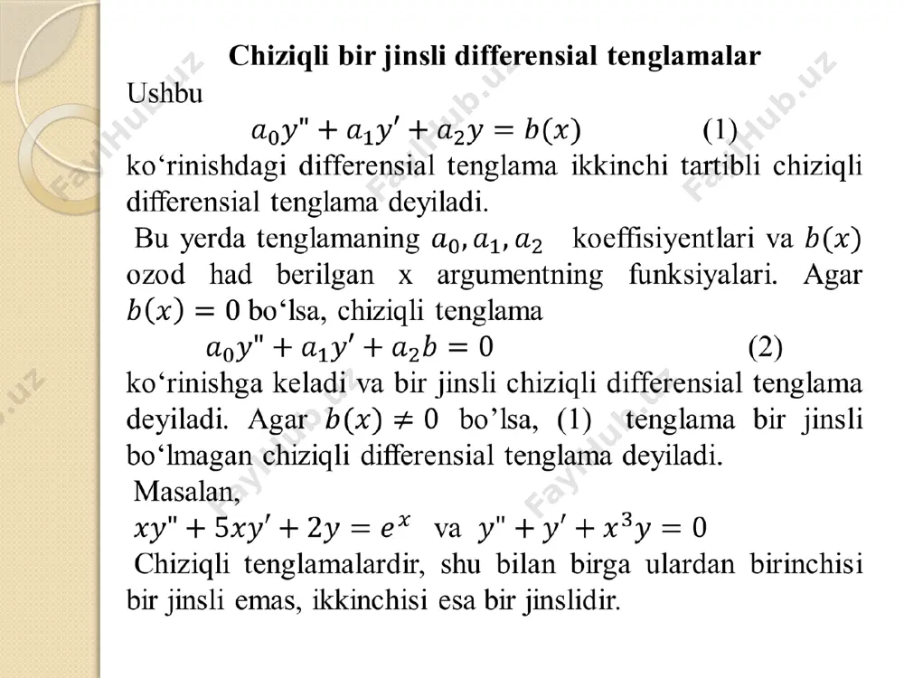 k tenglamaning ildizlari haqiqiy va har xil bu holda, (2) formula bo‘yicha ikkita xususiy yechimni topamiz: bu ikkita xususiy yechim chiziqli erkli, chunki shuning uchun ular yechimlarning fundamental sistemasini tashkil etadi. demak, tenglamaning umumiy yechimi quyidagicha ko‘rinishda bo‘ladi (4) 2. xarakteristik tenglamalarning ildizlari teng: bu holda ikkala ildiz haqiqiy son bo‘ladi. (2) formula bo‘yicha faqat bitta xususiy yechimni hosil qilamiz. birinchi yechim bilan birga fundamental sistema hosil qiluvchi ikkinchi xususiy yechim ko‘rinishda bo‘lishini ko‘rsatamiz. dastlab, funksiya (1) tenglamaning yechimi bo‘lishini tekshiramiz. haqiqatan ham, biroq, (3) xarakteristik tenglamaning ildizi bo‘lagani uchun . bundan tashqari, viyet teoremasi bo‘yicha . shuning uchun demak, ya’ni funksiya haqiqatan ham (1) tenglamaning yechimidir. topilgan vaxususiy yechimlar yechimlarning fundamental sistemasini tashkil etadi, chunki ular chiziqli erklidir: . shunday qilib, bu holda chiziqli bir jinsli tenglamaning umumiy yechimi quyidagi ko‘rinishda bo‘ladi: yoki (5) 3. xarakteristik tenglamaning ildizlari kompleks sonlar. ma’lumki, haqiqiy koeffisiyentli kvadrat tenglamaning kompleks ildizlari qo‘shma kompleks …