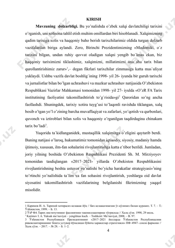 higa olgan o’nlab asrlarga cho’zilgan ko’p qirrali jarayondir. aynan shuning uchun bu masalani hal etish u yoki bu tarixiy bosqichda davlatchilik institutlarining har birini holatini kompleks o’rganish orqali amalga oshirilishi mumkin. bu masalada davlatchilik tarixining muhim davrlaridan biri bo’lmish milliyhududiy chegaralanishning o’tkazilishi, ma'muriy-boshqaruv tizimi va uning holatini o’rganish dolzarb ahamiyat kasb etadi. bundan kelib chiqqan holda, o’zbekiston tarixchilari bir qator ishlarni amalga oshirmoqdalar. biroq, uch ming yillik tarixga ega o’zbek davlatchiligi tarixini tiklash, uning turli bosqichlari, yuksalishi va inqirozini o’rganish muammoni yanada chuqurroq tadqiq etish masalasini kun tartibiga qo’yadi. turkiston o’lkasini rossiya imperiyasi tomonidan istilo etilishi, mustamlaka tizimini shaklantirilishi o’lka xalqlari uchun tamomila yangicha davlatning ichki munosabatlarini belgilovchi omillardan biri bo’ldi. chunki, uning samaradorligi rossiya imperiyasining faoliyati hamda uning jamiyat bilan o’zaro munosabatlarining oshishiga bevosita ta'sir ko’rsatar edi. ma'muriy-boshqaruv tizimning normal faoliyati davlat tomonidan boshqaruv, soliq yig`ish, fuqarolarni ijtimoiy himoya qilish, ommaviy ishlarni tashkillashtirish, harbiy majburiyat va shunga o’xshash vazifa …